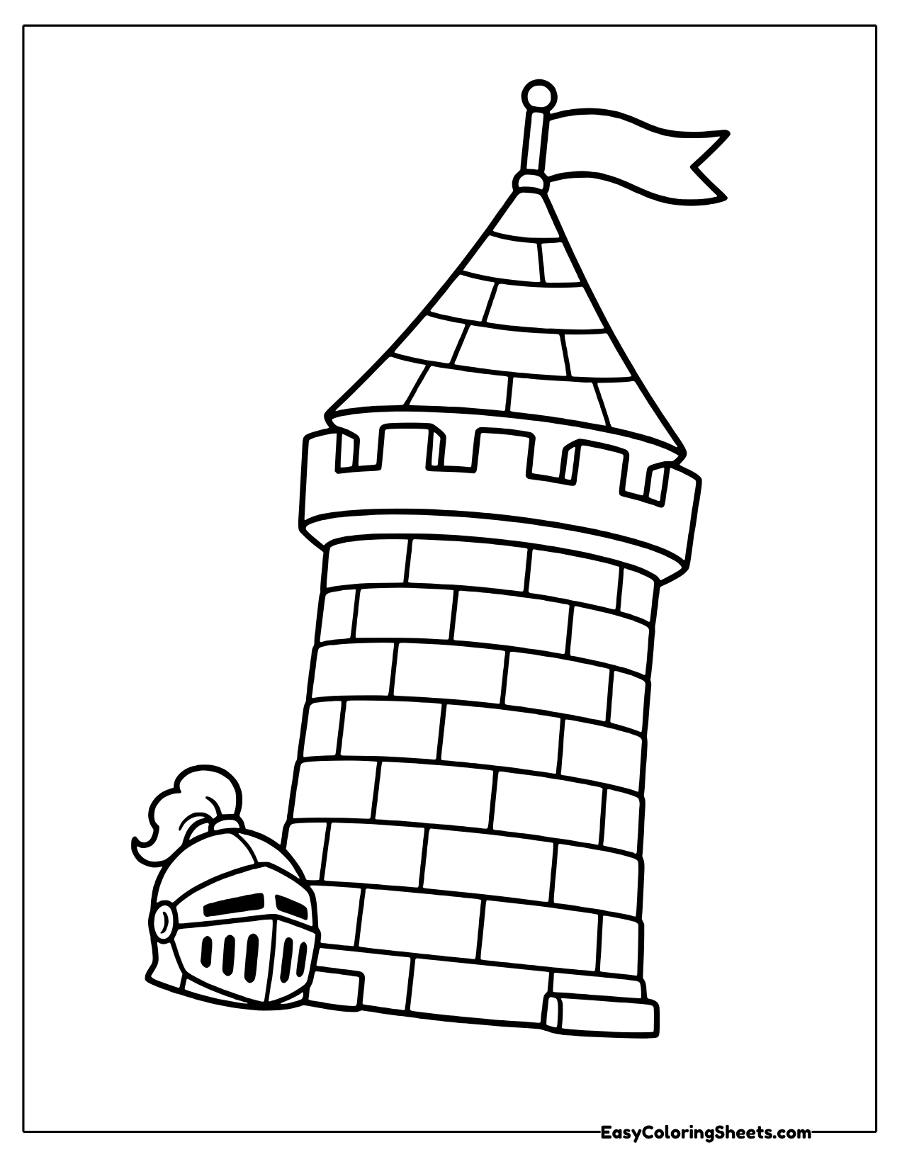 Tall stone castle tower with a flag and a knight helmet at its base