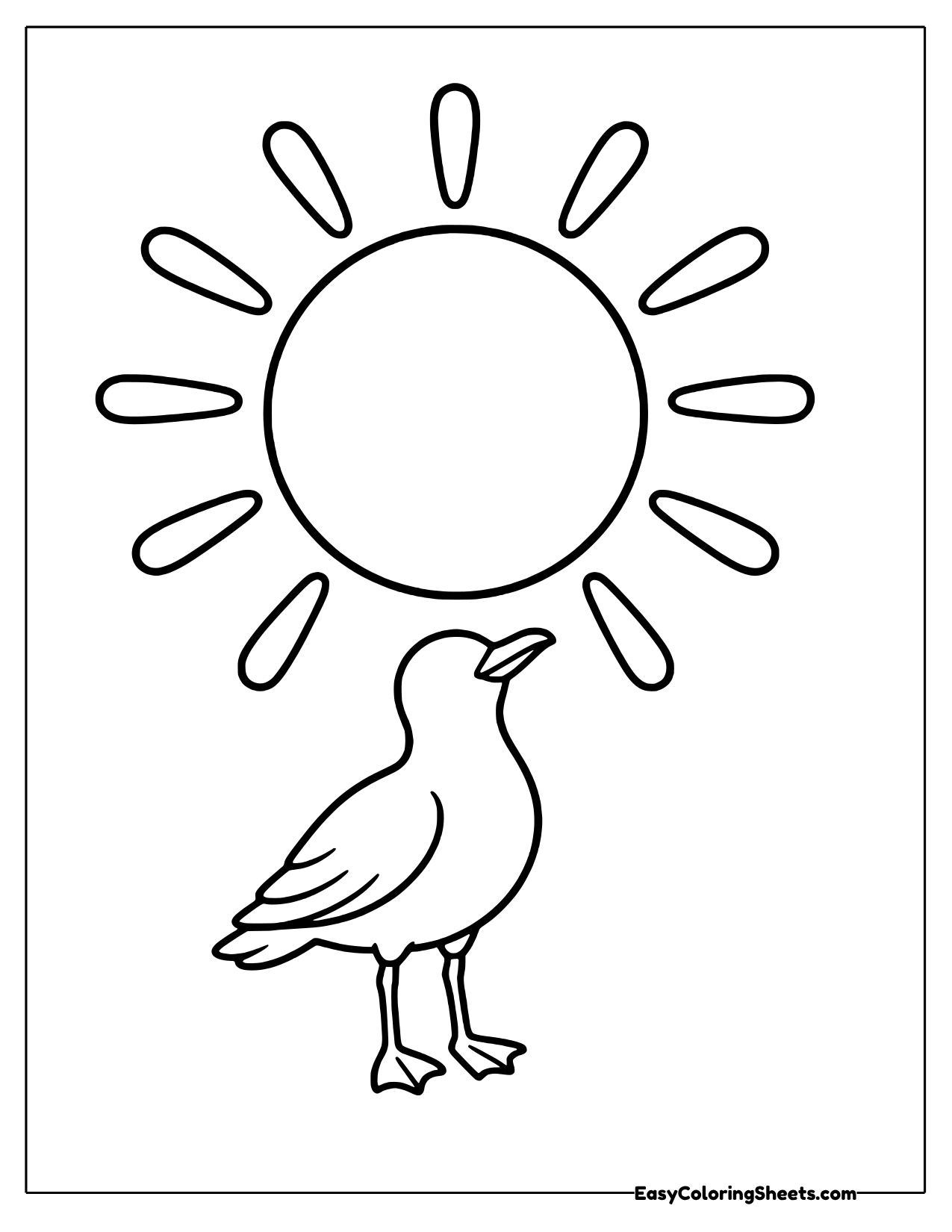 Big sun with short rounded rays above a small standing seagull