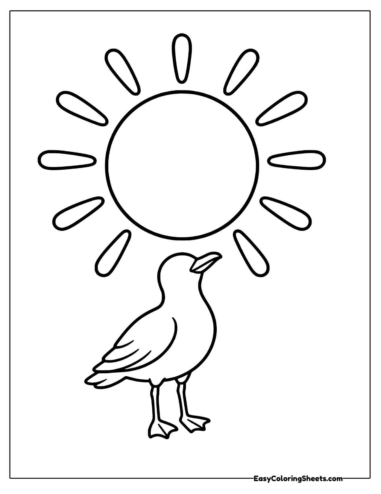 Big sun with short rounded rays above a small standing seagull