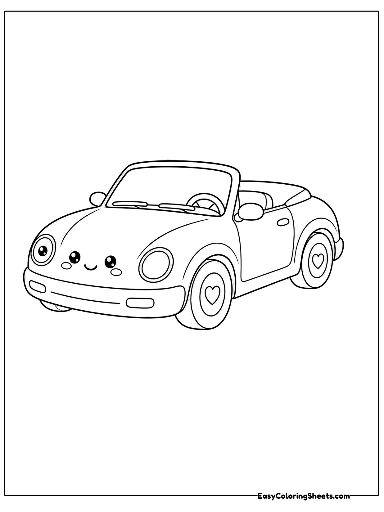A sporty convertible with its roof folded back shows two seats and a smiling face on its front.