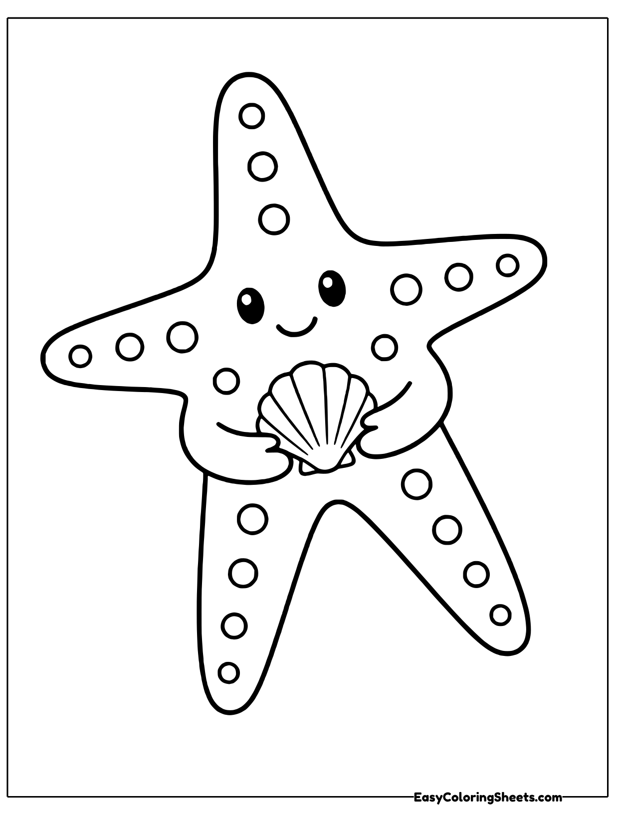 A tall bumpy starfish smiles while holding a fan-shaped seashell in front of its middle, gently tilted on the page.