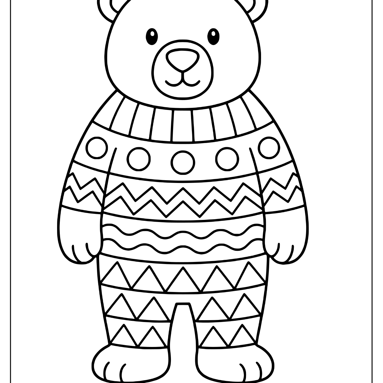 Standing bear wearing a sweater with bands of zigzags, waves, circles and triangles