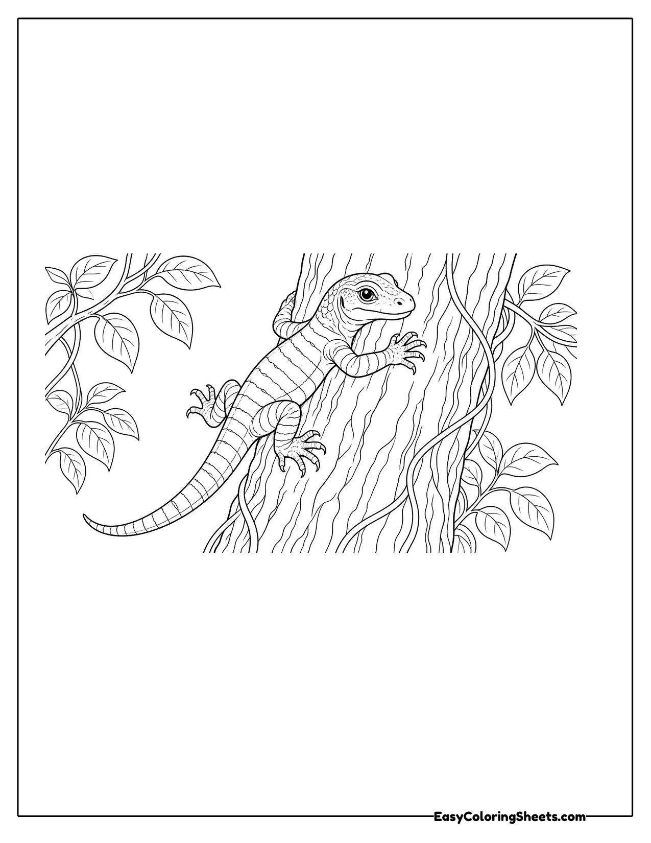 Young Komodo dragon climbing a tree trunk