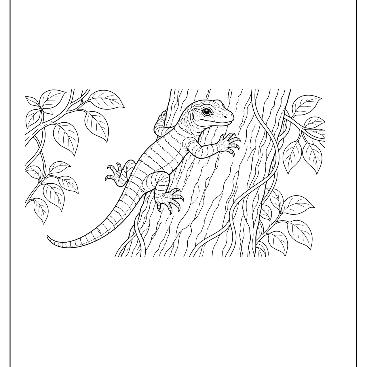 Young Komodo dragon climbing a tree trunk