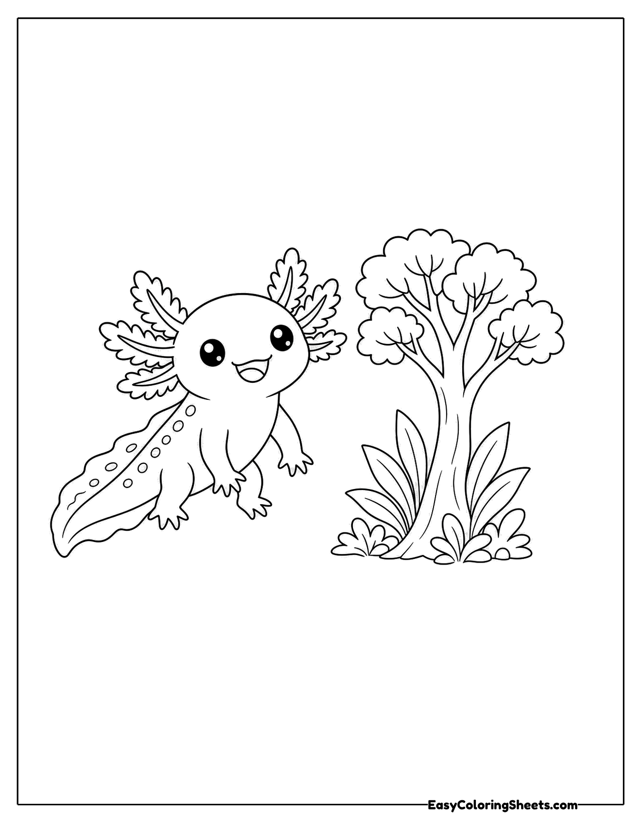 Axolotl beside a small leafy tree