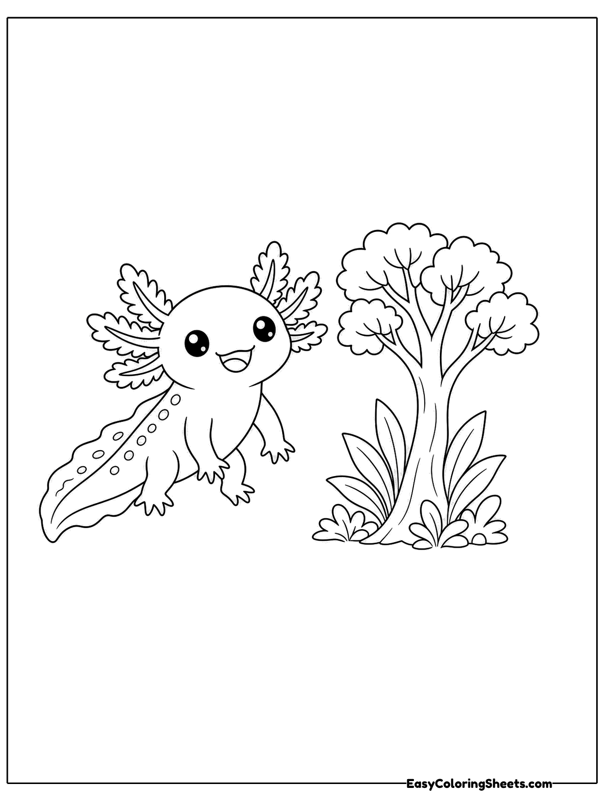 An axolotl stands on the ground next to a small leafy tree.