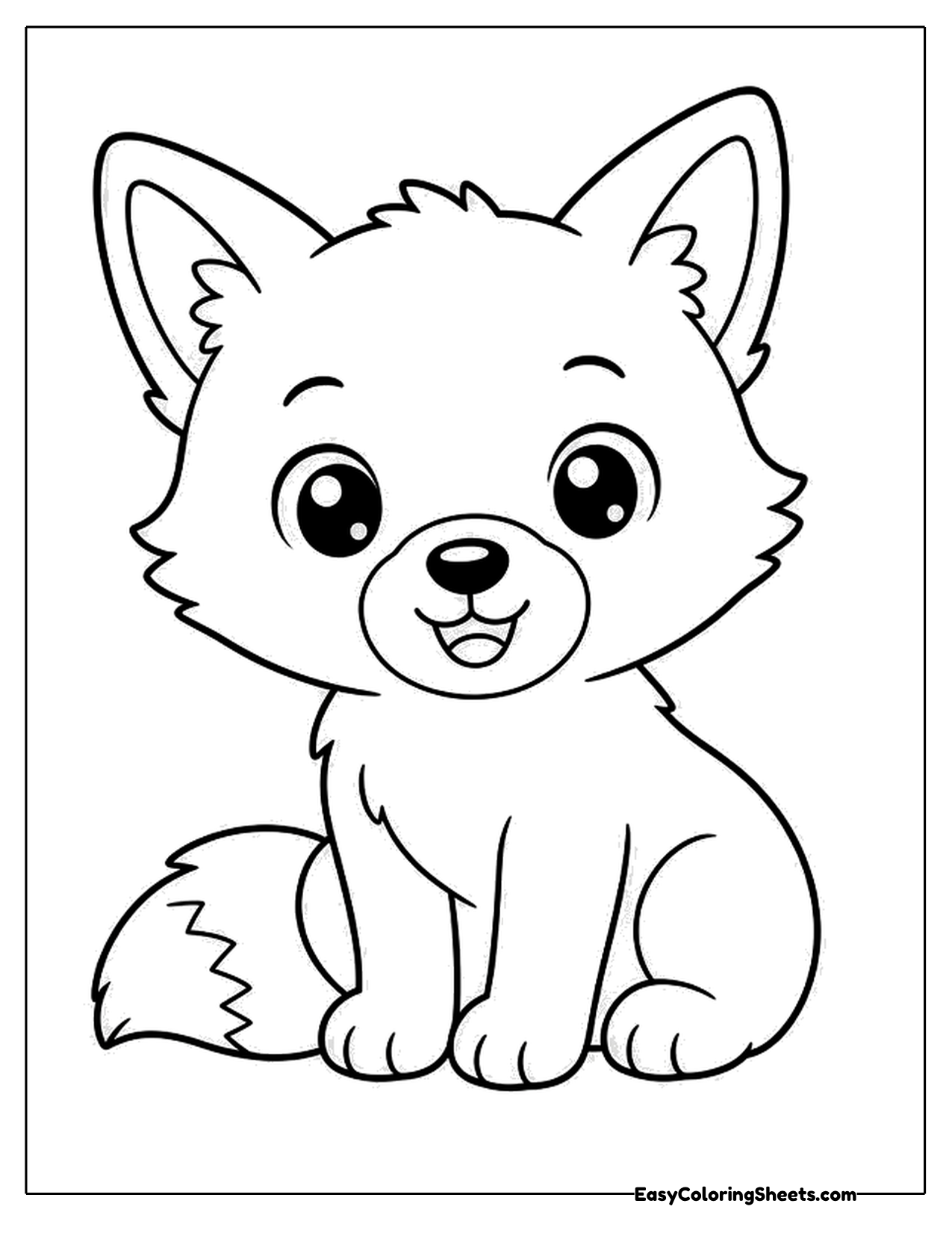 Big eyed fox kit sitting with a fluffy tail curled beside it