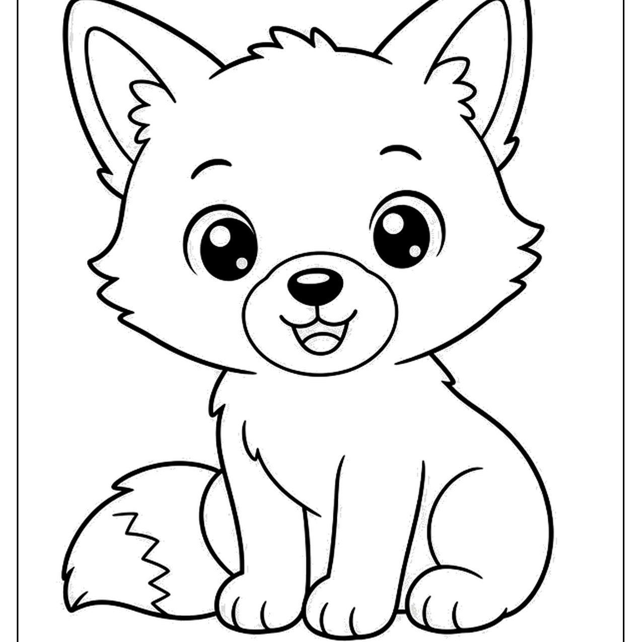 Big eyed fox kit sitting with a fluffy tail curled beside it