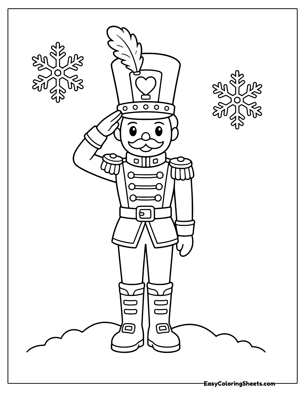 Nutcracker soldier saluting in a tall plumed hat between two snowflakes