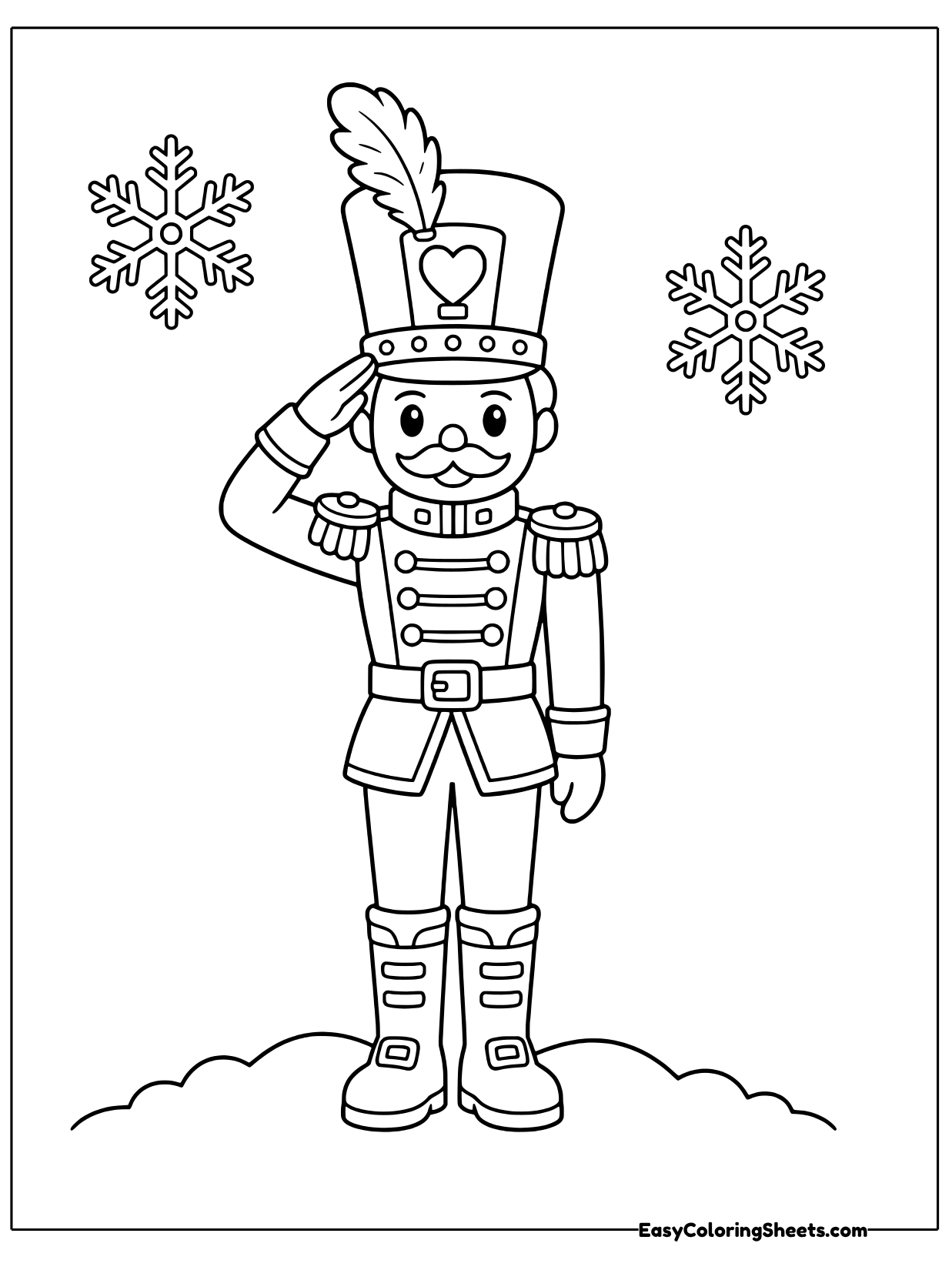 A proud nutcracker soldier gives a crisp salute in his tall hat with a feather plume and a heart badge.