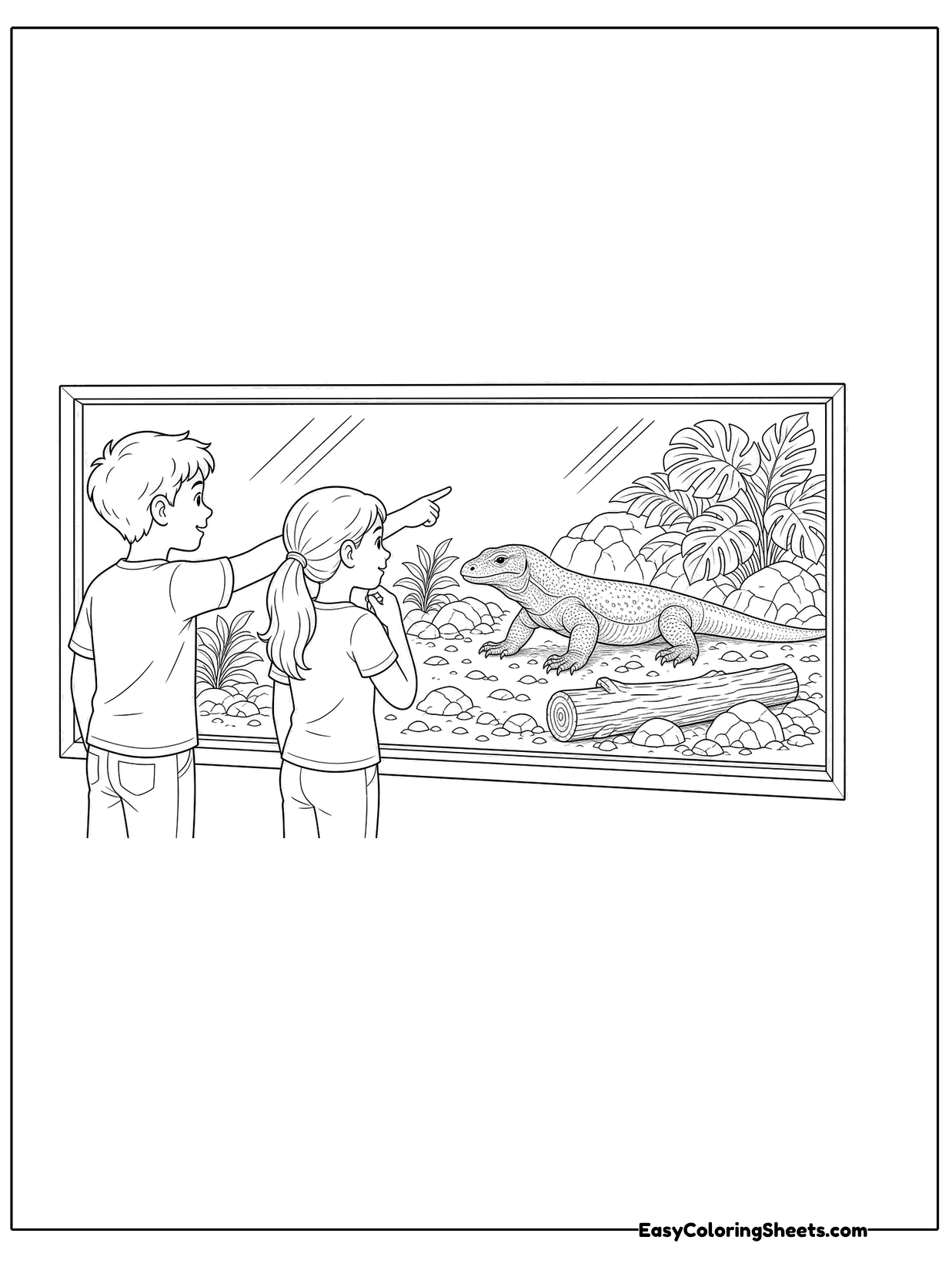 Two children stand at a large glass window watching a Komodo dragon inside its zoo habitat.