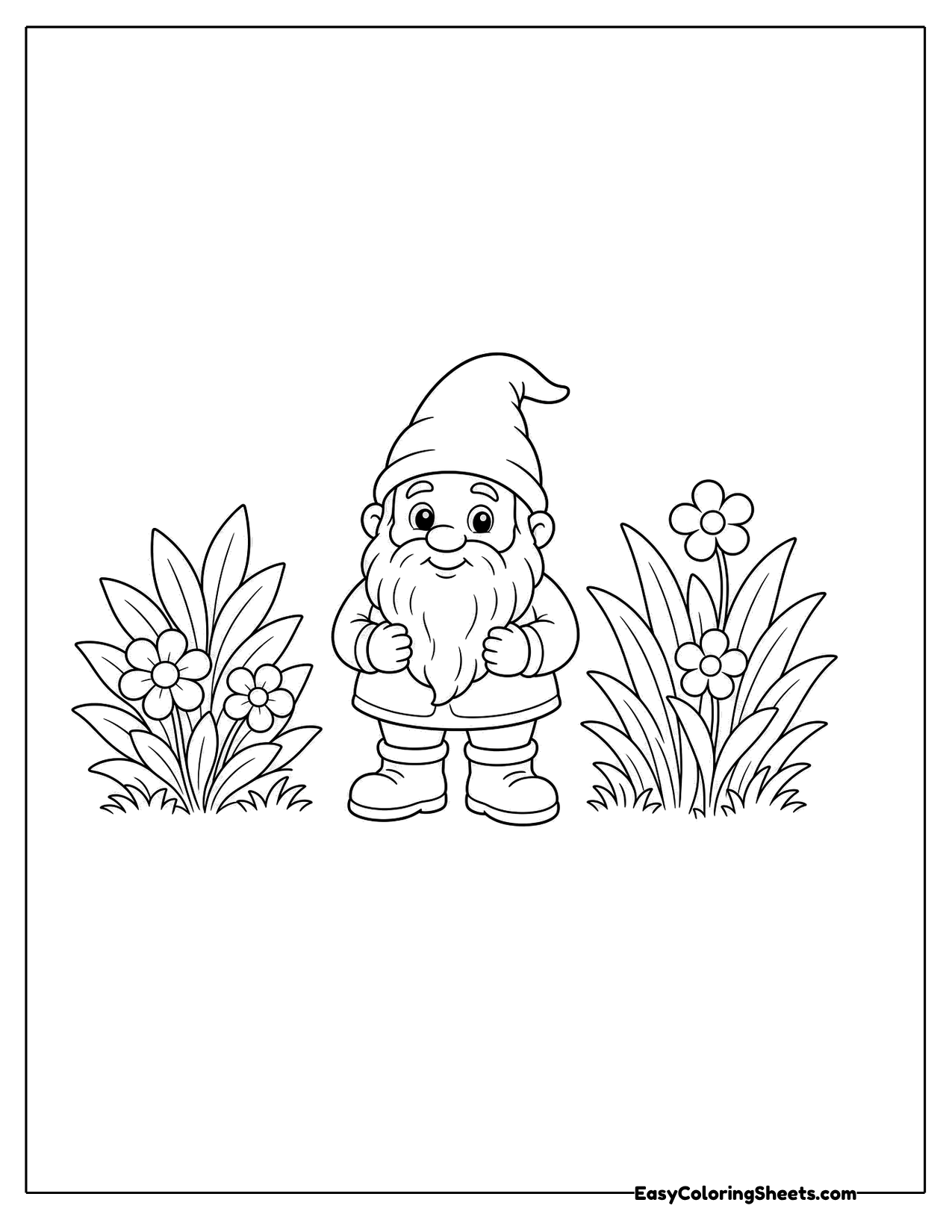Small gnome standing between leafy plants and flowers