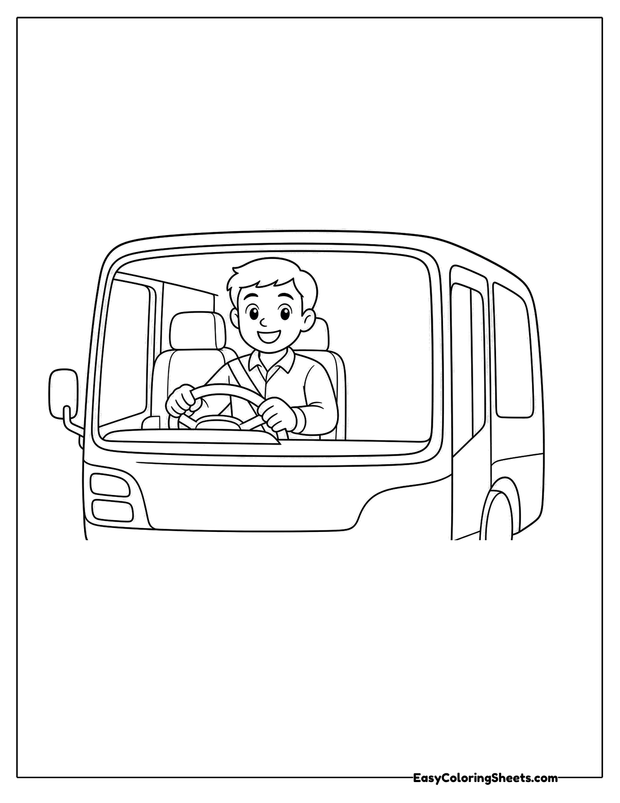 Smiling bus driver behind the wheel