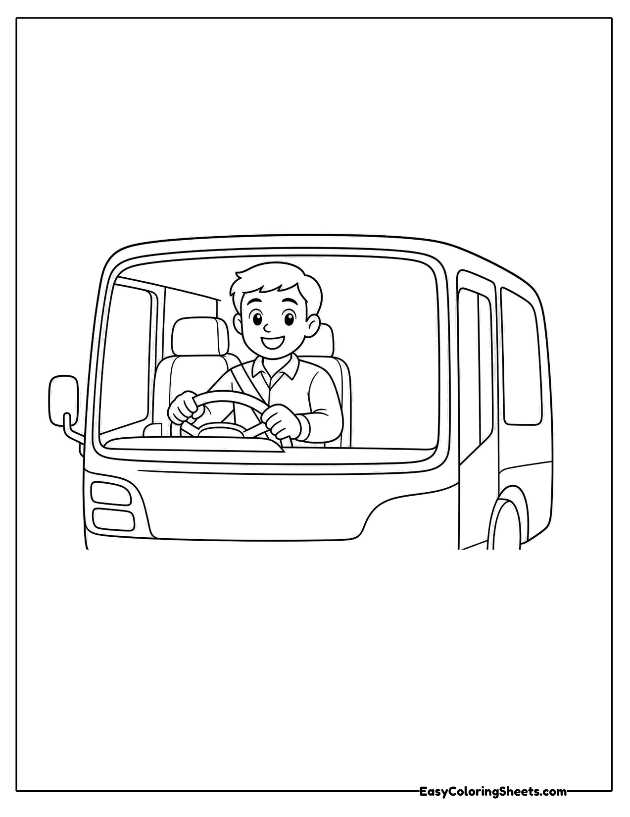 Smiling bus driver behind the wheel
