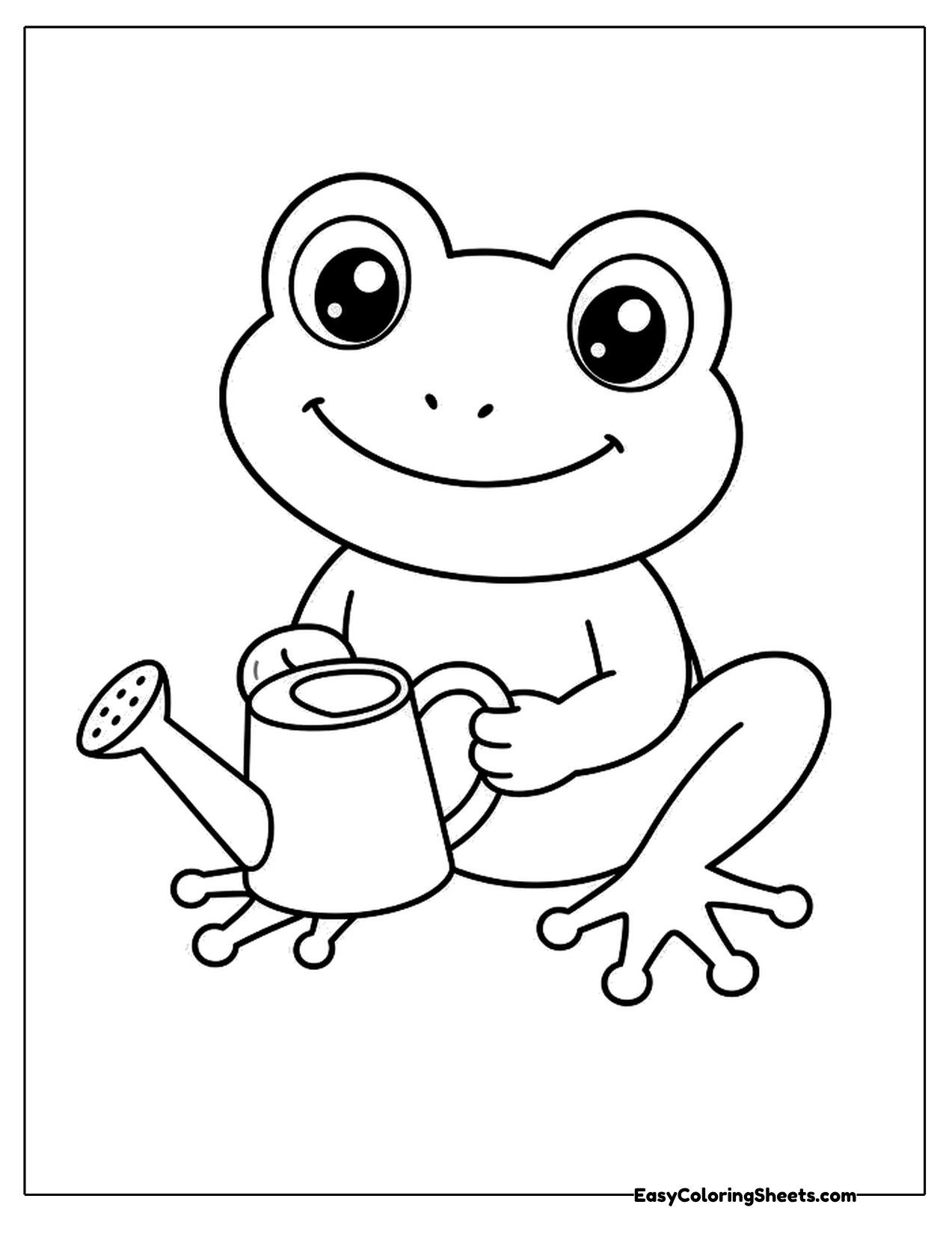 Frog watering plants with a small watering can