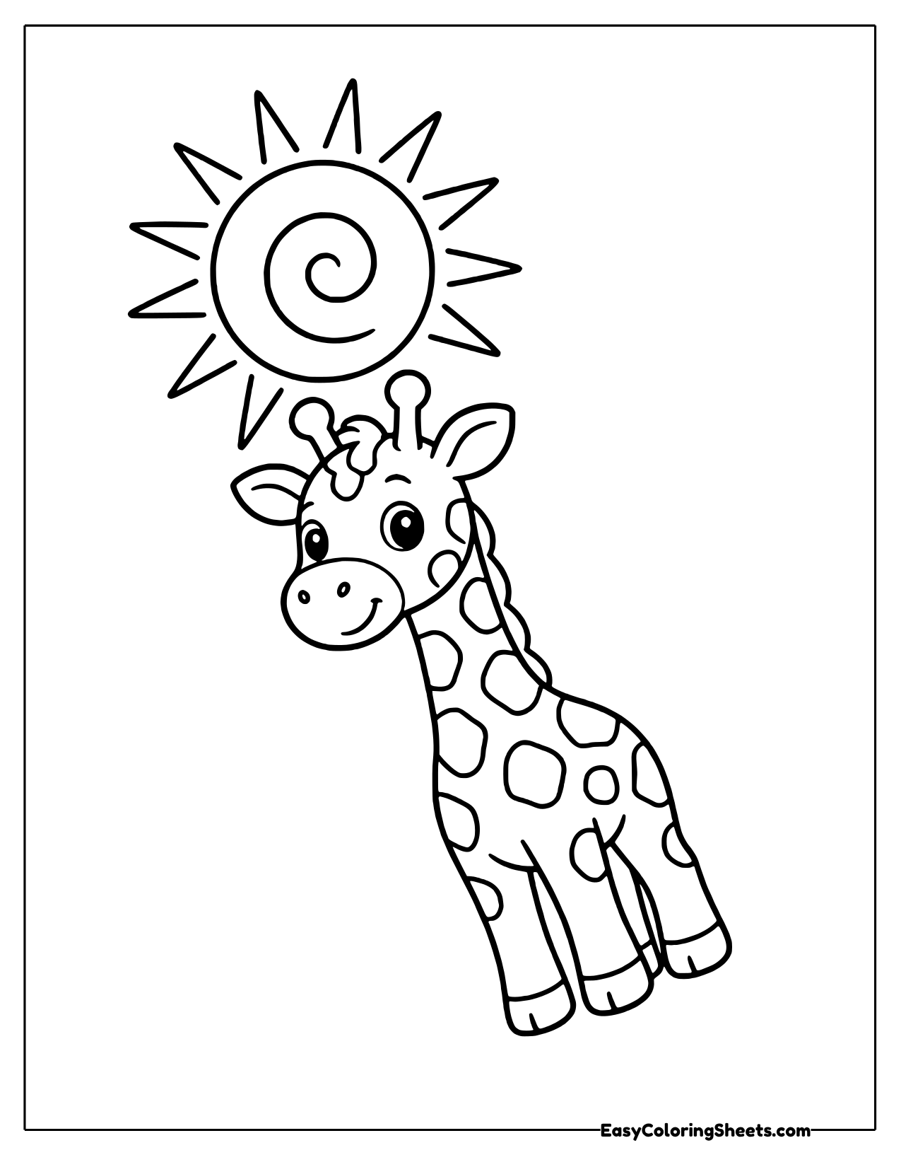 Spotted baby giraffe standing under a big swirly sun with pointed rays