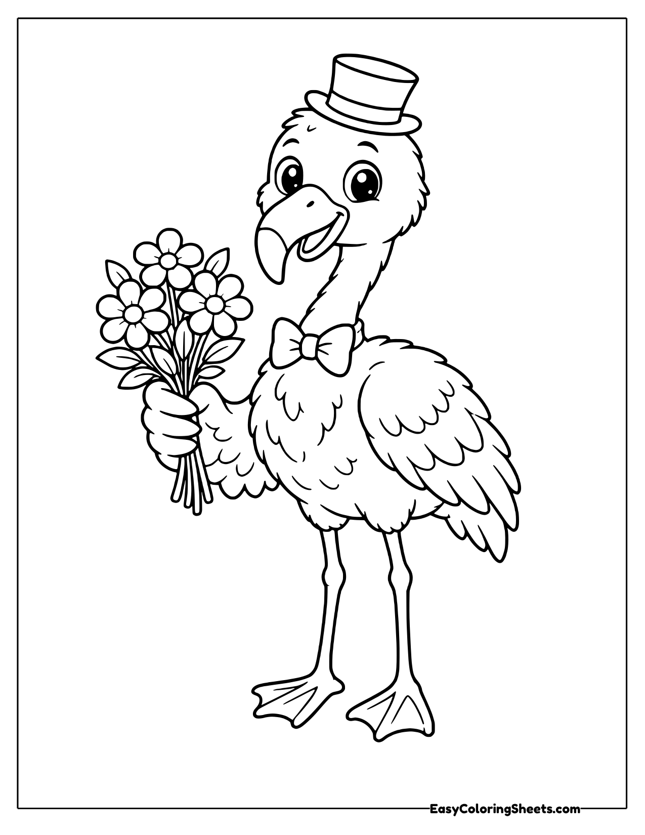 Flamingo in a top hat and bow tie holding a bouquet