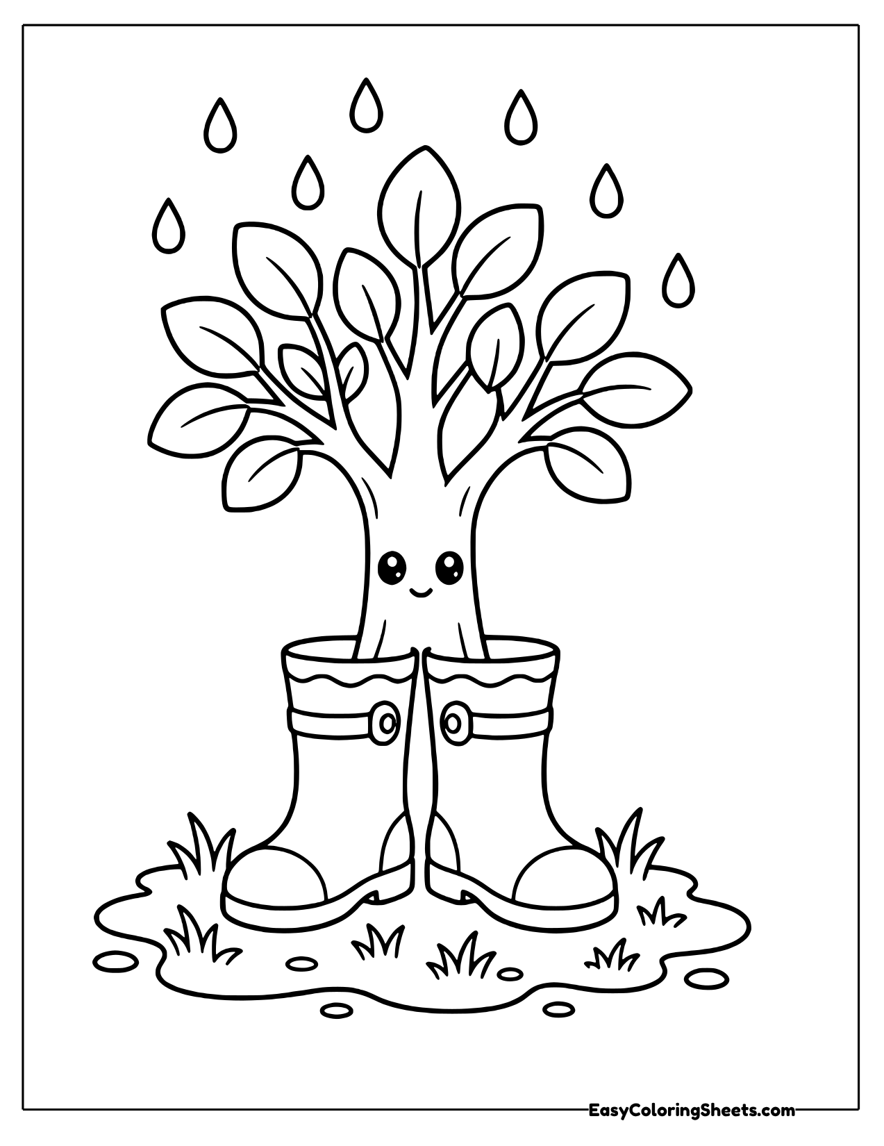 Smiling tree wearing rain boots