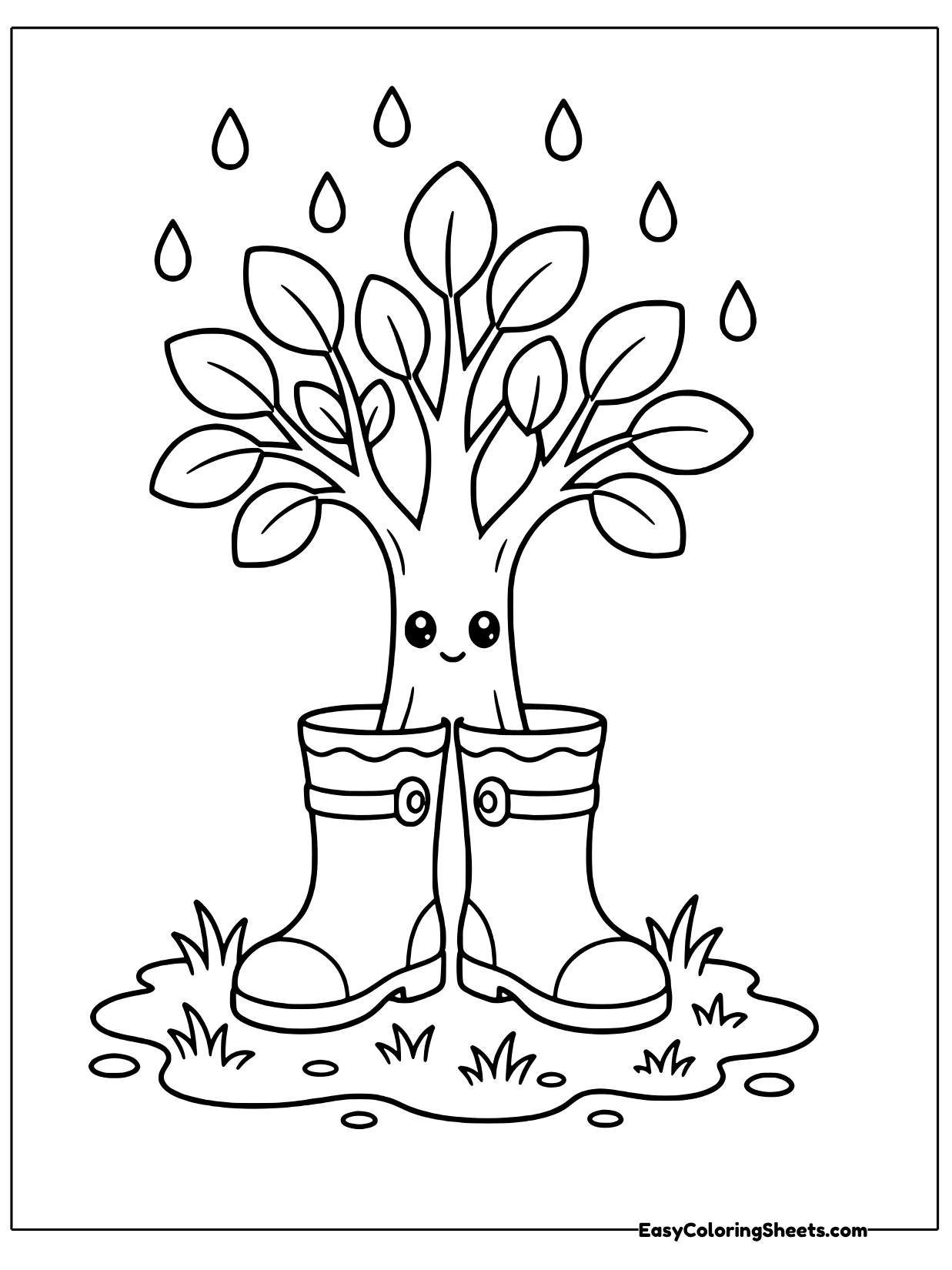 A cheerful tree with a little face stands in a pair of rain boots while raindrops fall on its leaves.