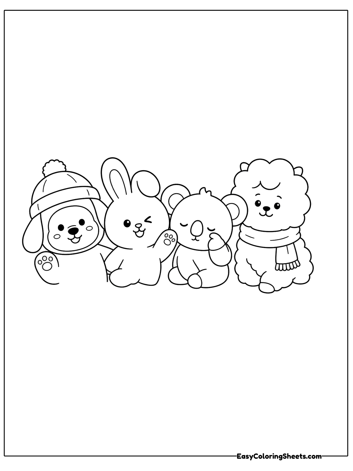 A group of cute plush characters, including a puppy, a bunny, a koala and a fluffy lamb, huddle together with smiling faces.