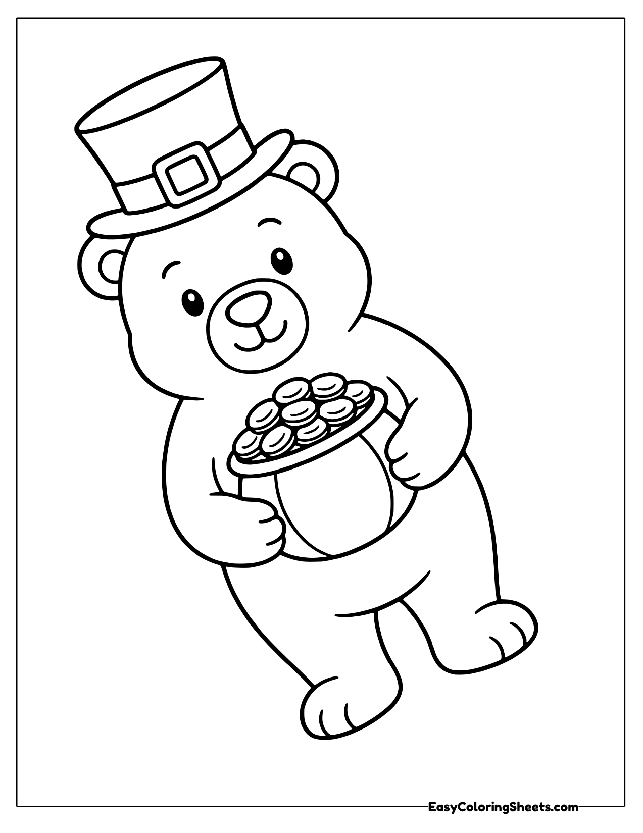 Bear in a buckled leprechaun hat carrying a pot of gold coins