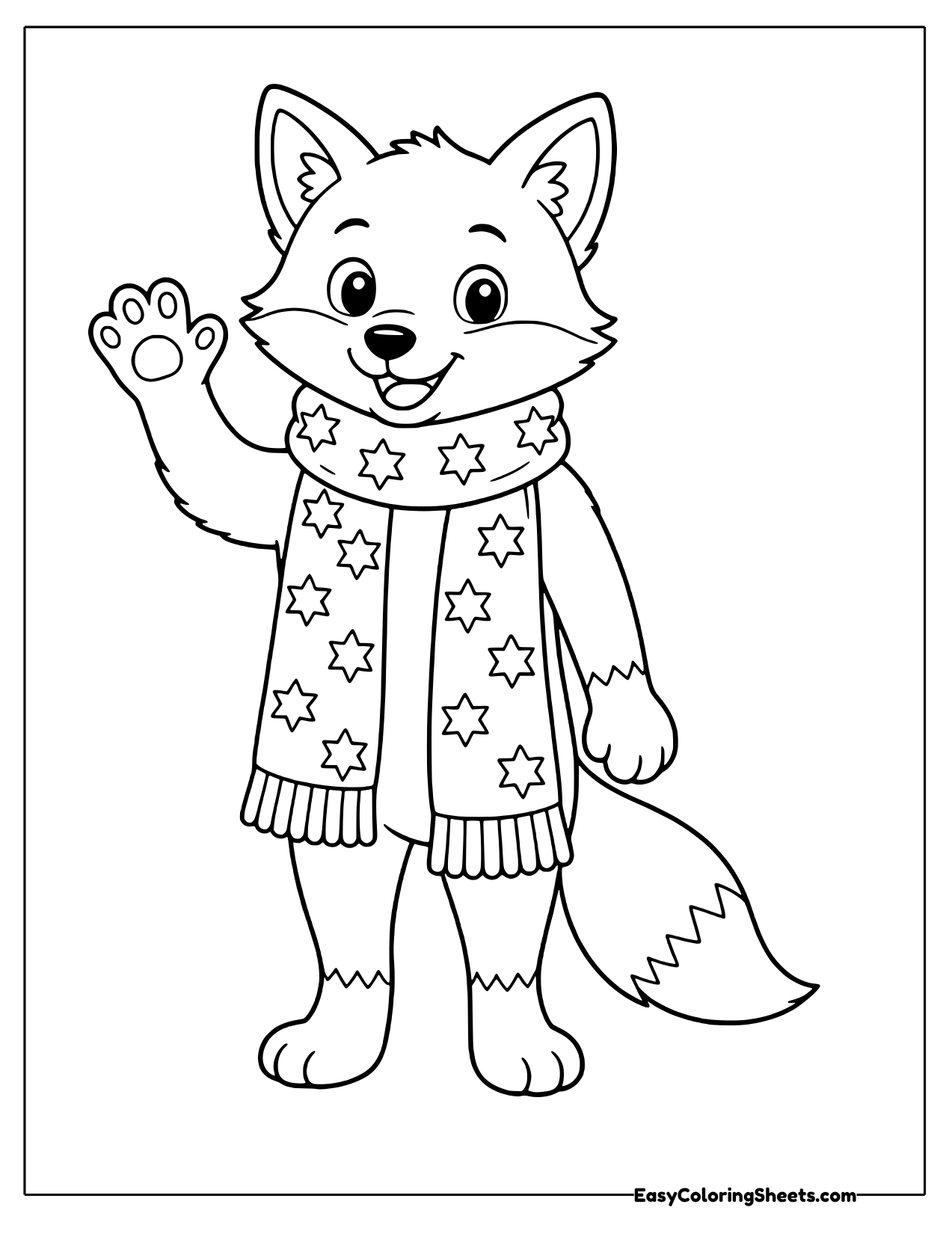 Waving fox wearing a long fringed scarf decorated with small stars