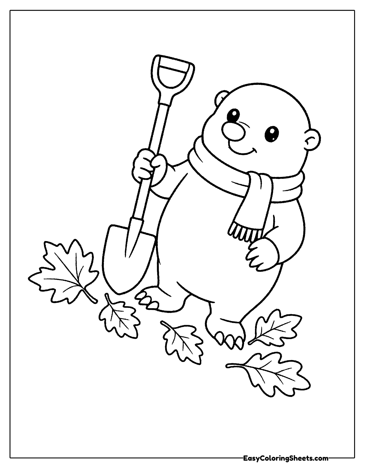 Mole in a scarf with a shovel and autumn leaves