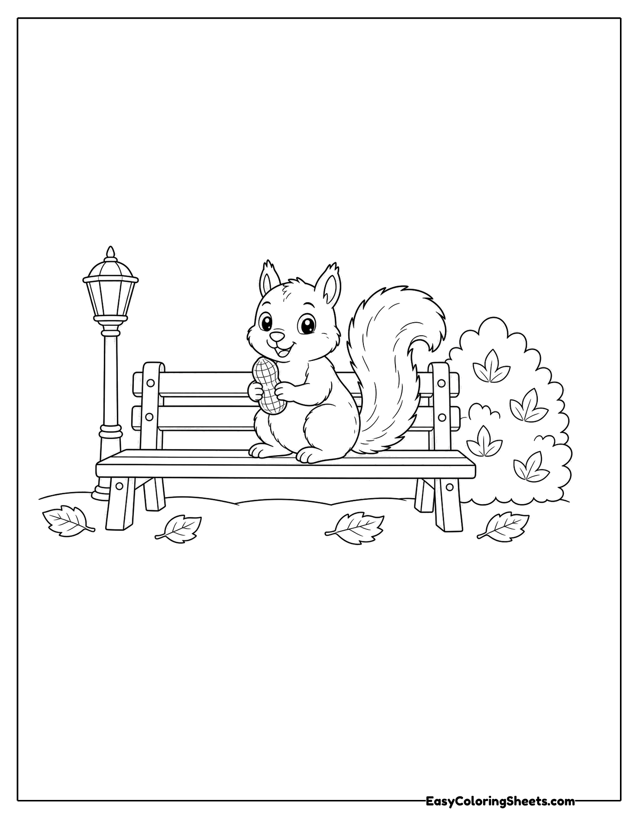 Squirrel sitting on a park bench beside a lamp post