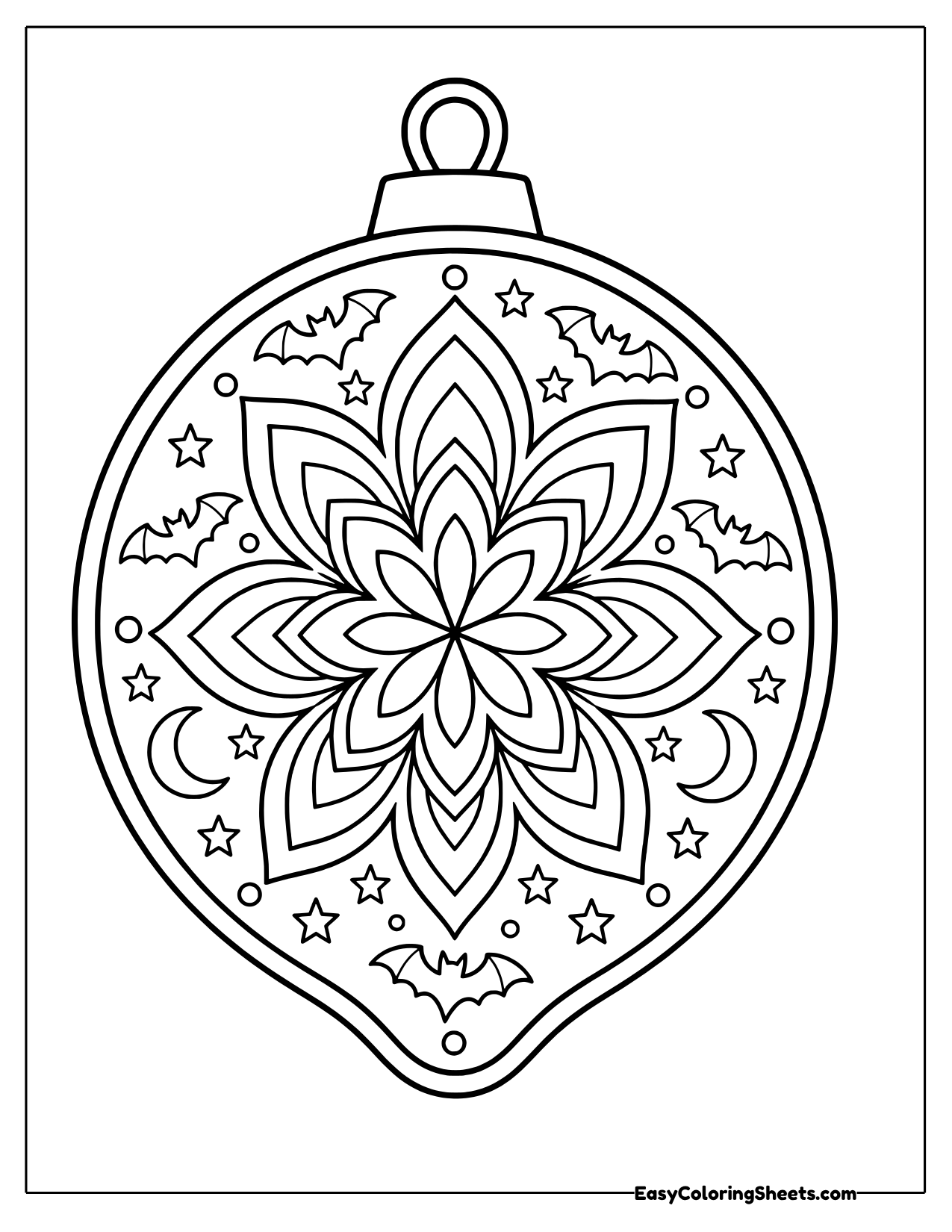 Hanging ornament mandala with a star flower, bats, crescent moons and stars
