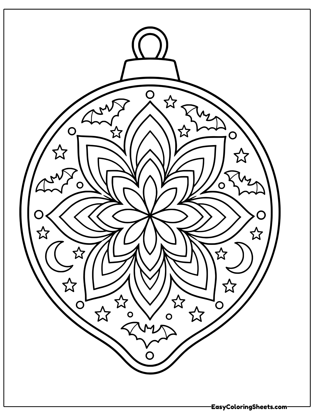 A teardrop shaped ornament hangs from a little loop cap, its surface covered with a star shaped flower mandala.