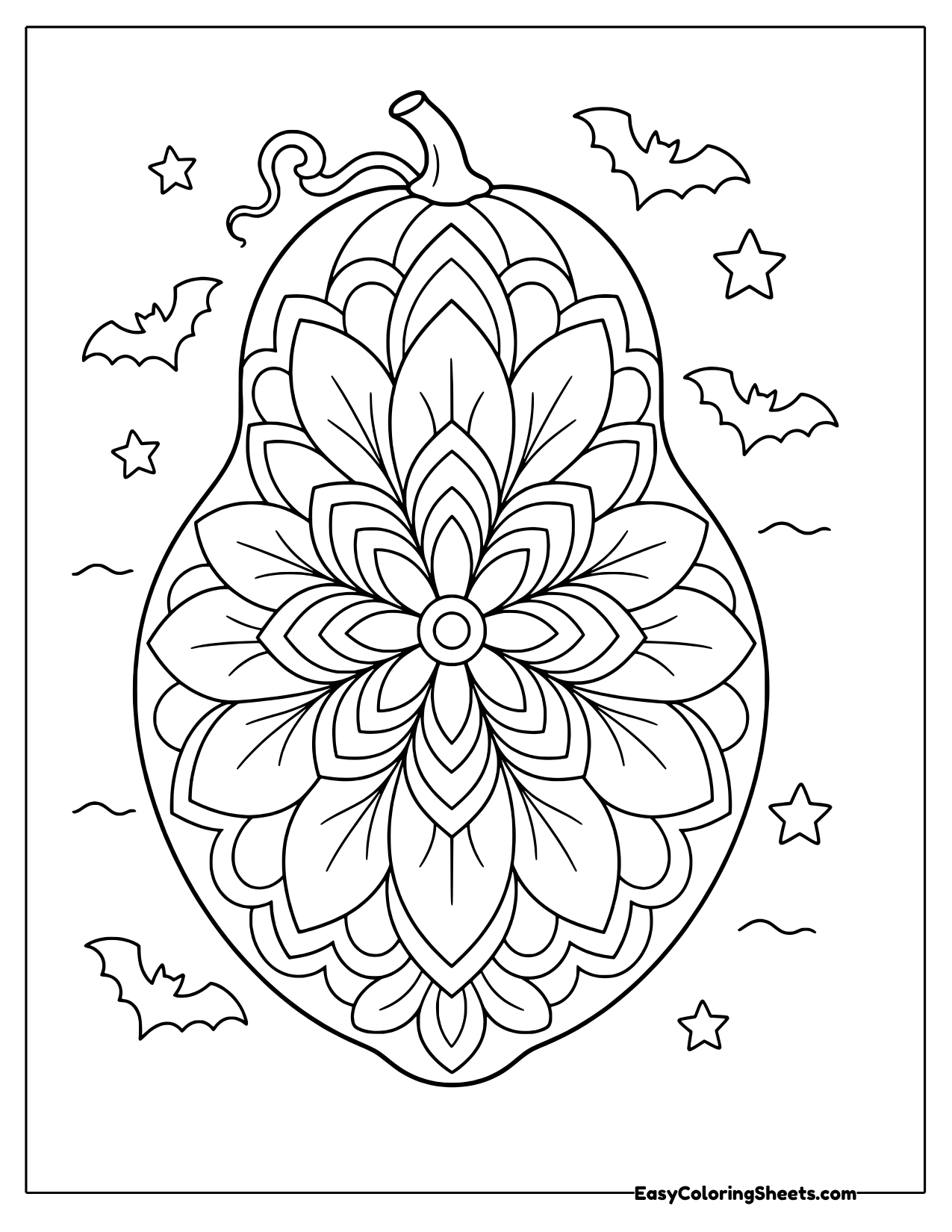 Tall gourd filled with a layered flower mandala, surrounded by flying bats and stars