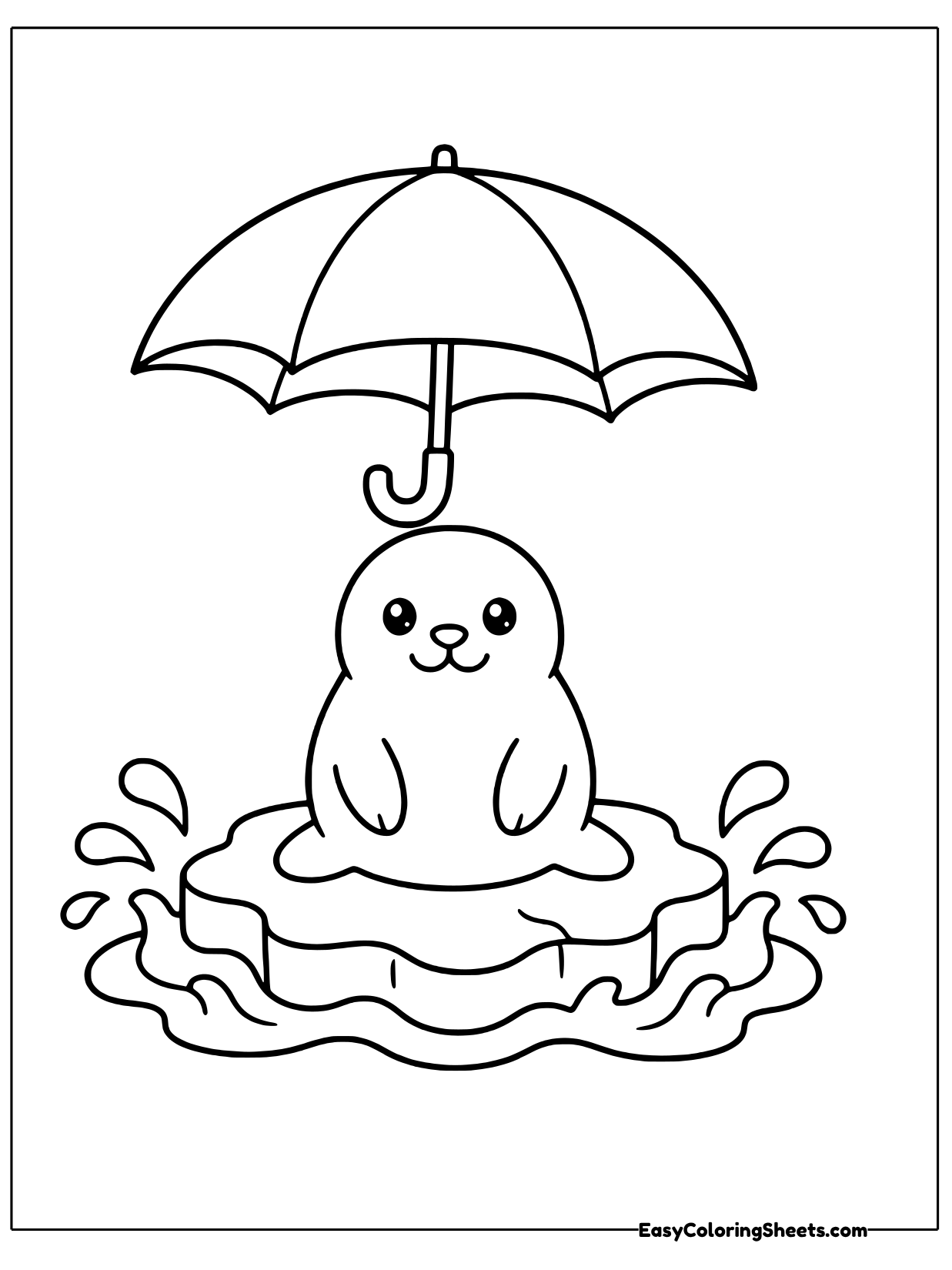 A small seal sits on an ice floe holding a large umbrella over its head while water splashes around.
