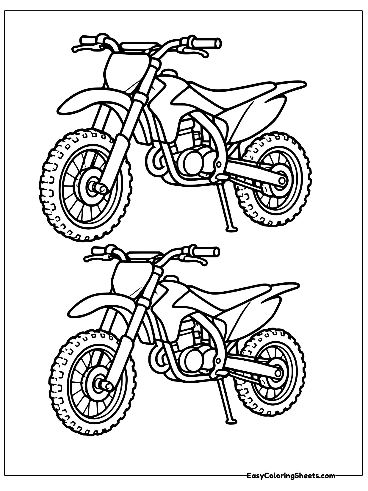 Two dirt bikes are shown parked side on, one stacked above the other, with detailed spokes and engines.