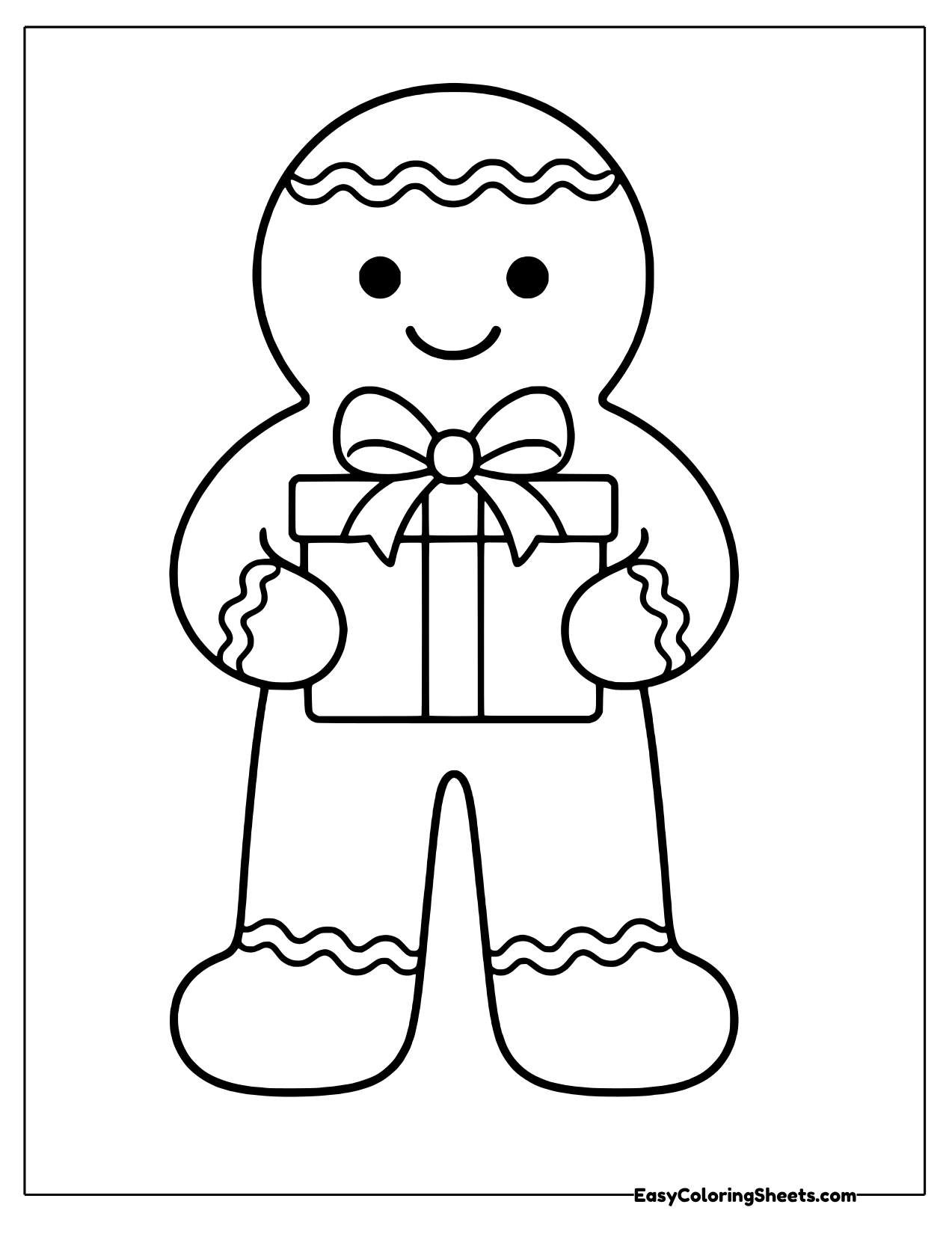 Gingerbread man holding a wrapped gift with a bow