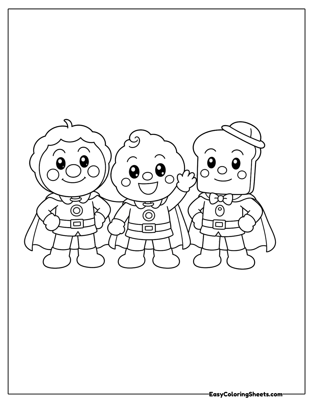 Three round-faced superhero friends
