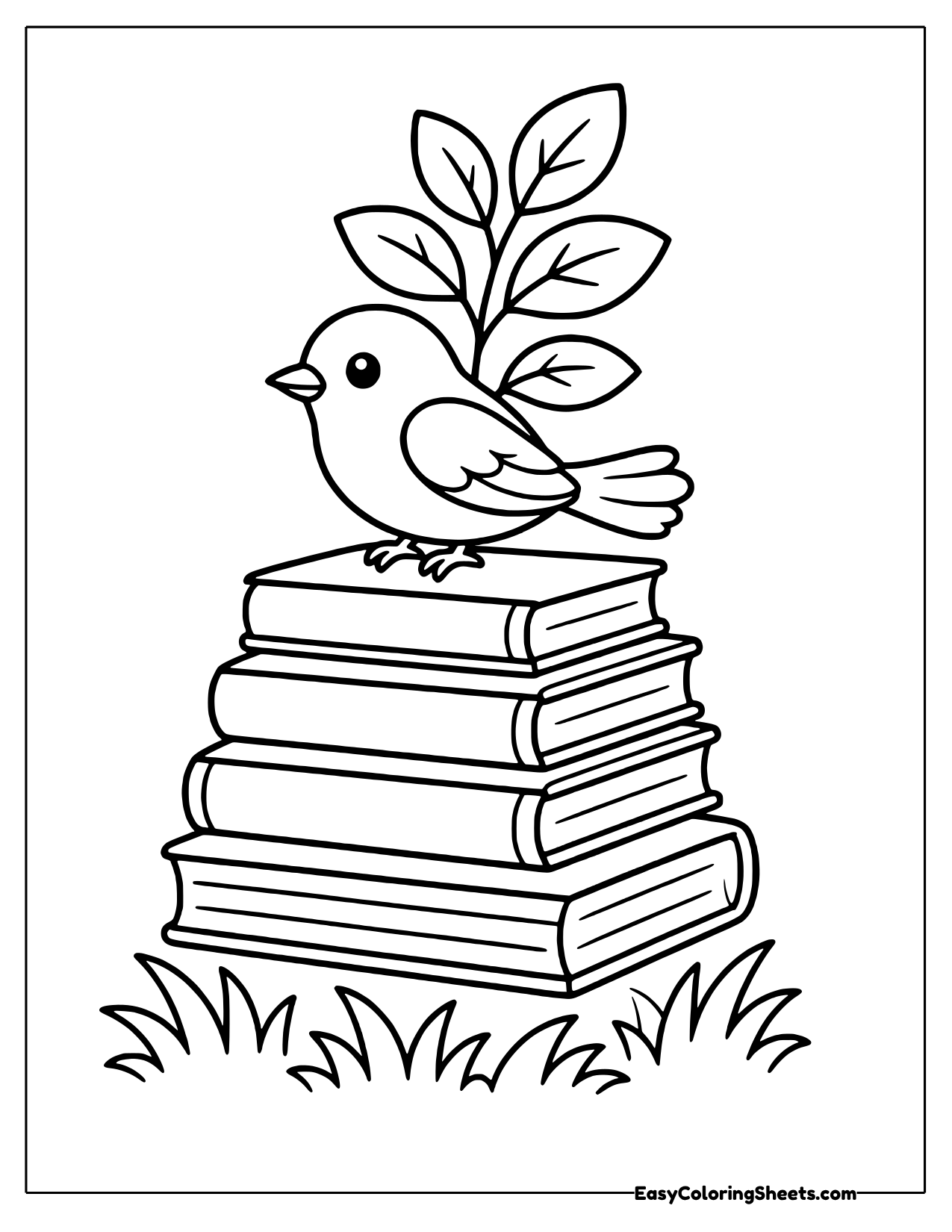 Bird perched on a stack of books