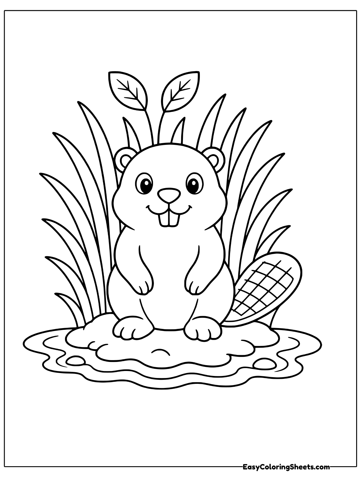 A beaver sits nestled in a clump of tall reeds at the edge of a pond, with leaves sprouting from its head.