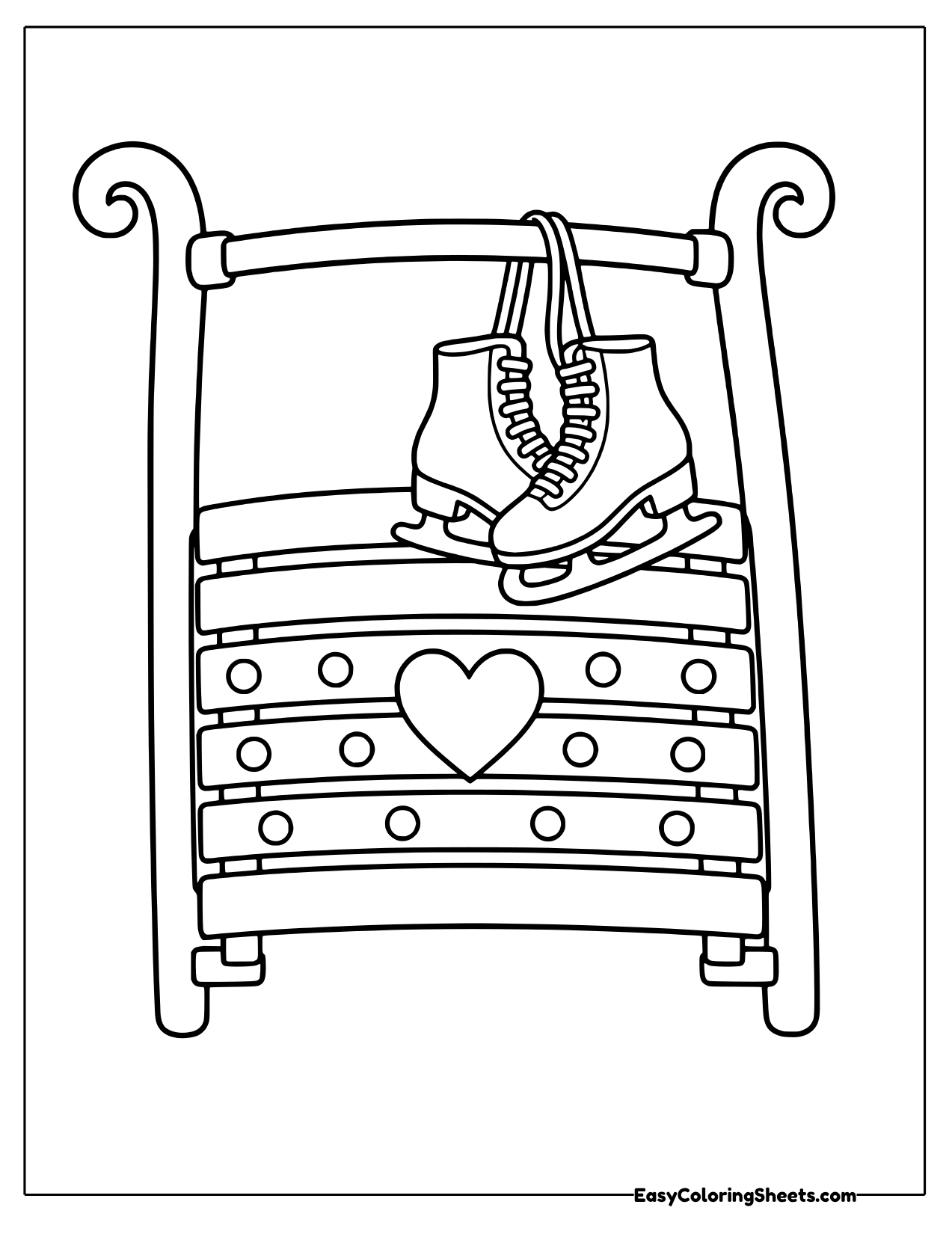 Upright sled with ice skates and a heart on the slats