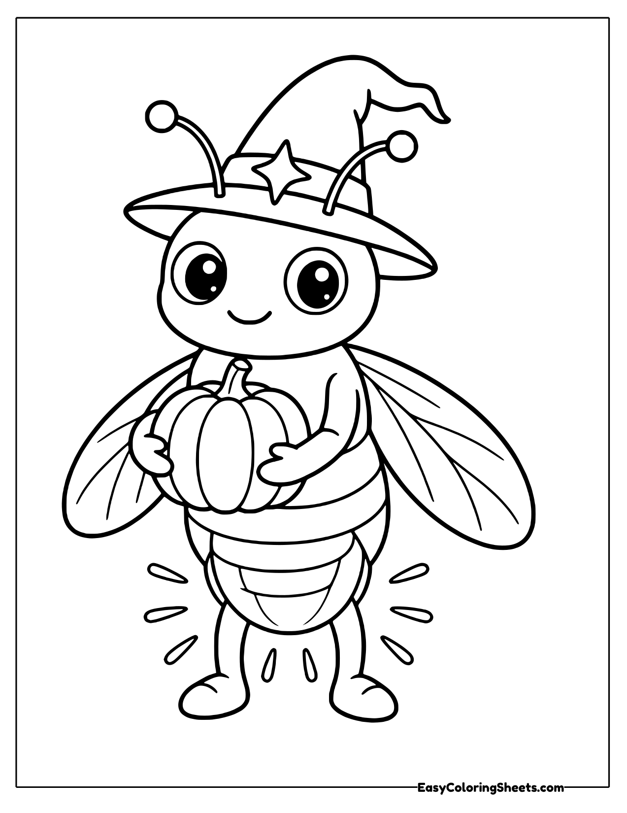 Firefly in a witch hat holding a small pumpkin
