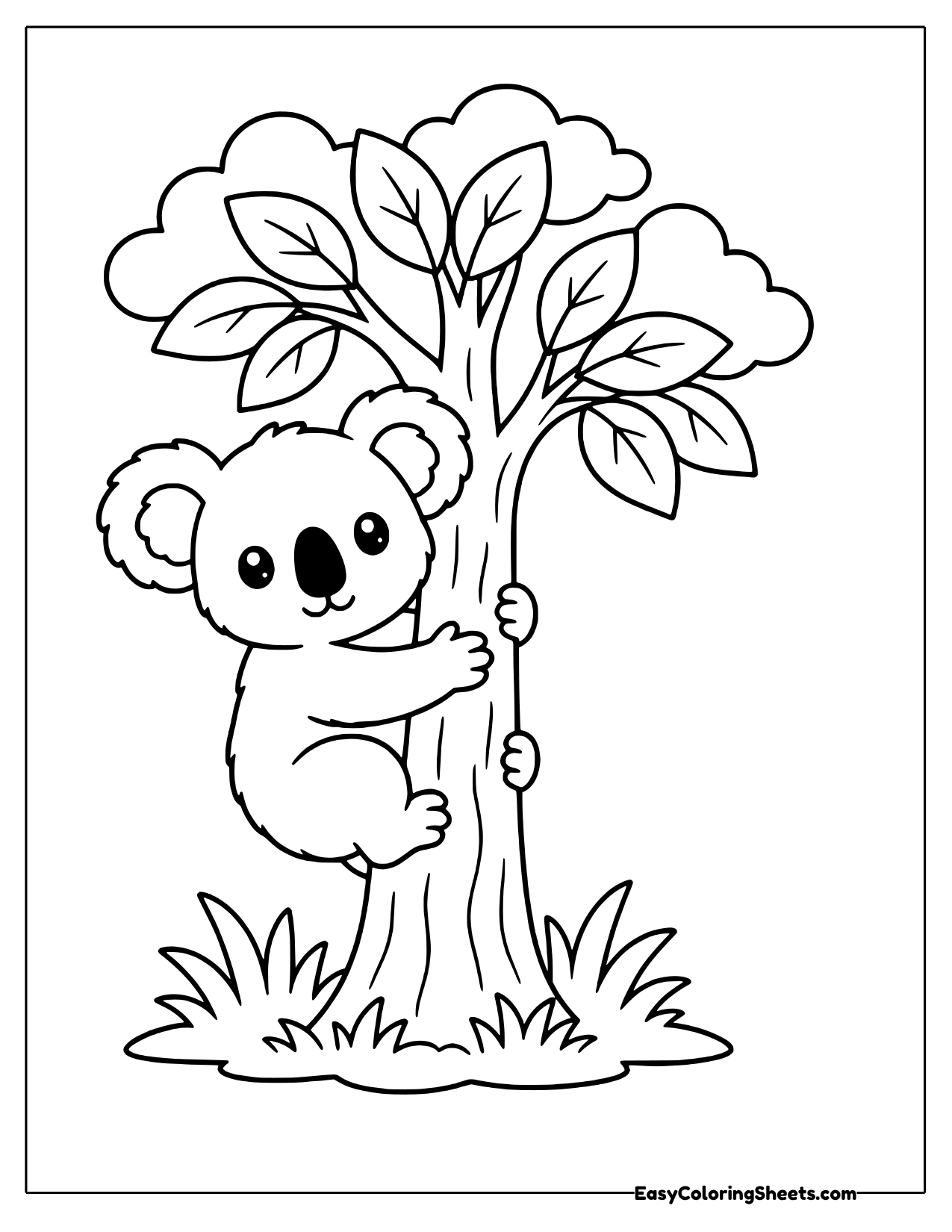 Koala hugging a tall leafy tree