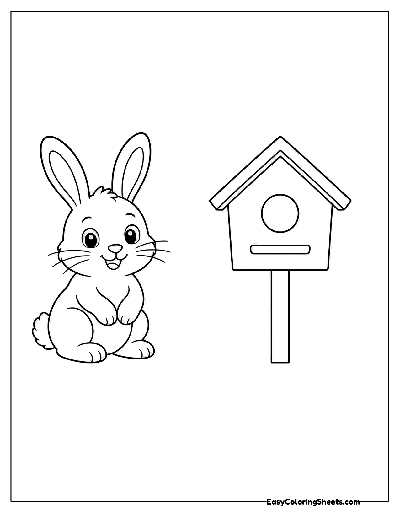 Bunny standing next to a wooden birdhouse on a post