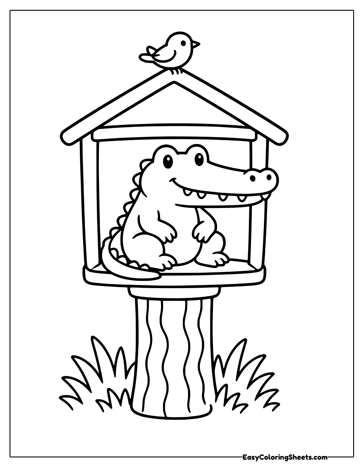 Crocodile inside a birdhouse with a bird on top