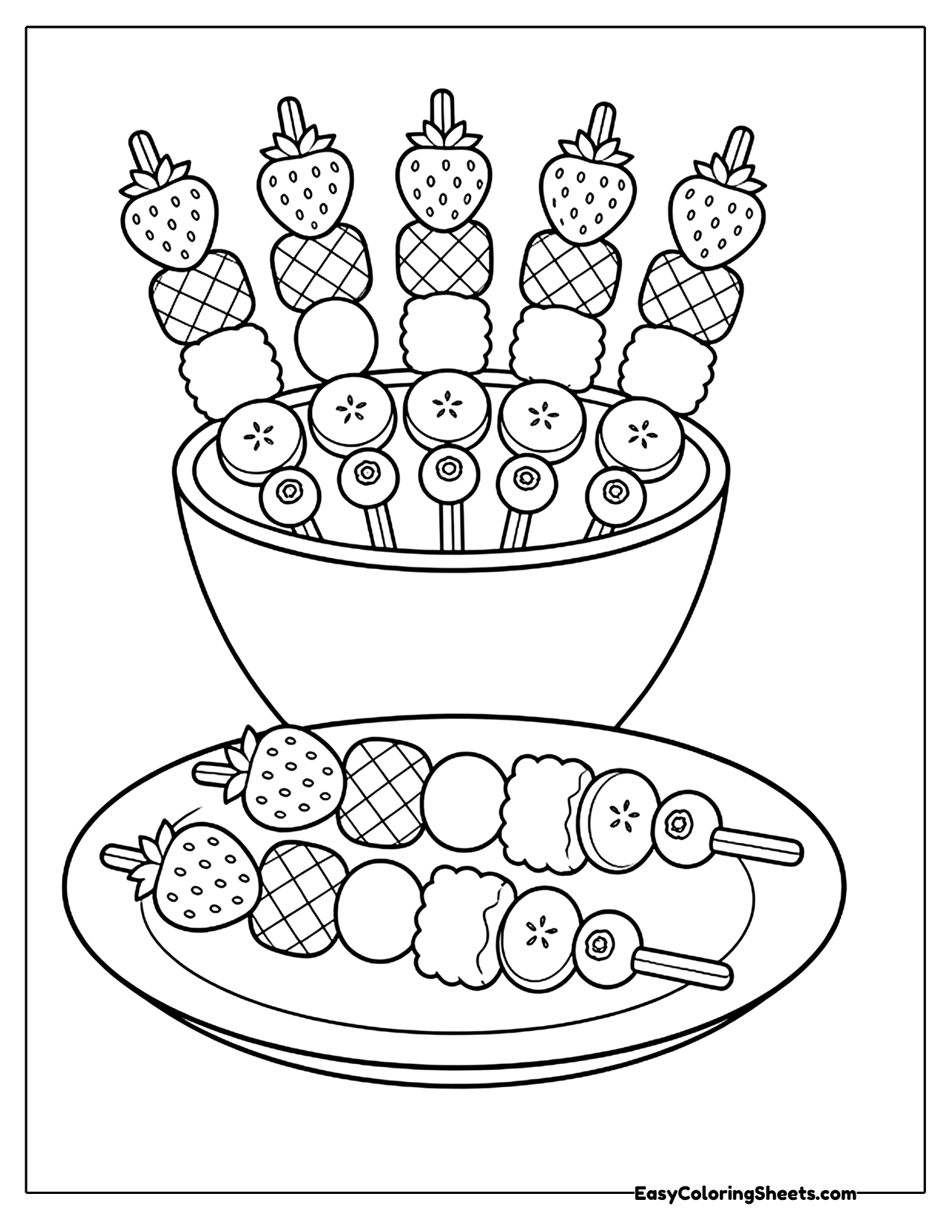 Fruit kabobs in a bowl and on a plate