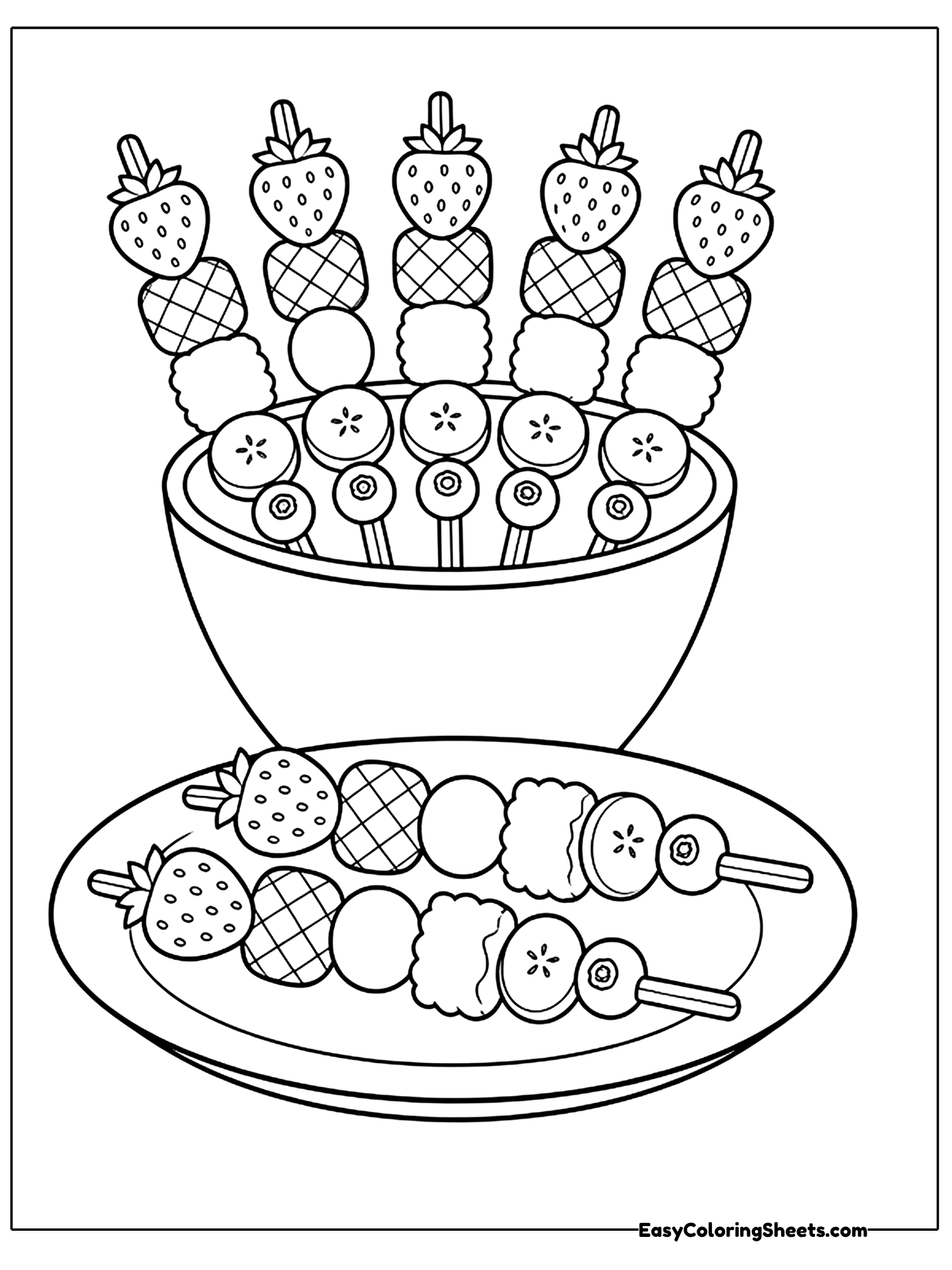 Wooden skewers threaded with strawberries, grapes and melon chunks stand upright in a bowl, and more lie on a plate below.