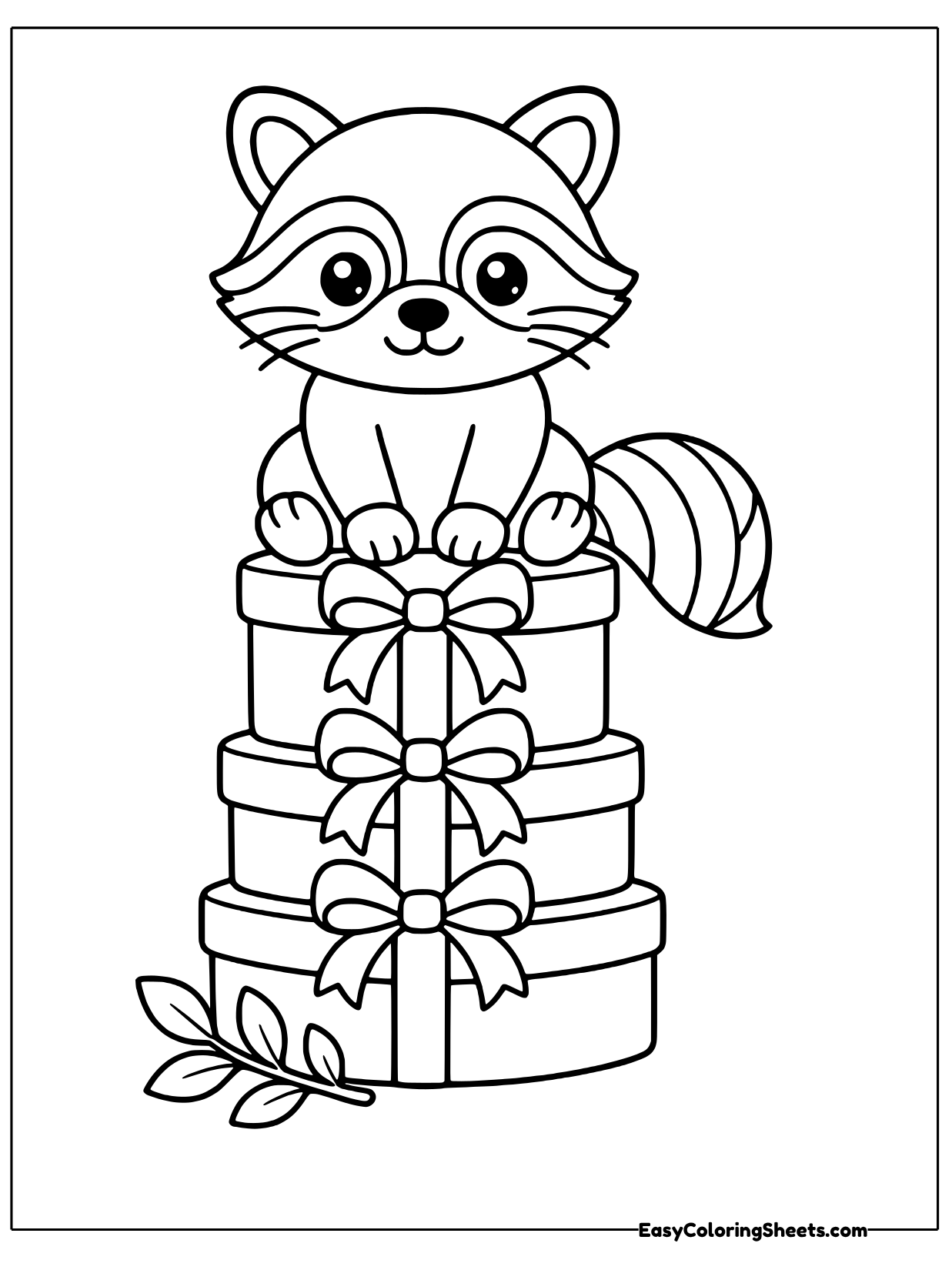 A raccoon perches on top of a tall stack of wrapped presents tied with bows.