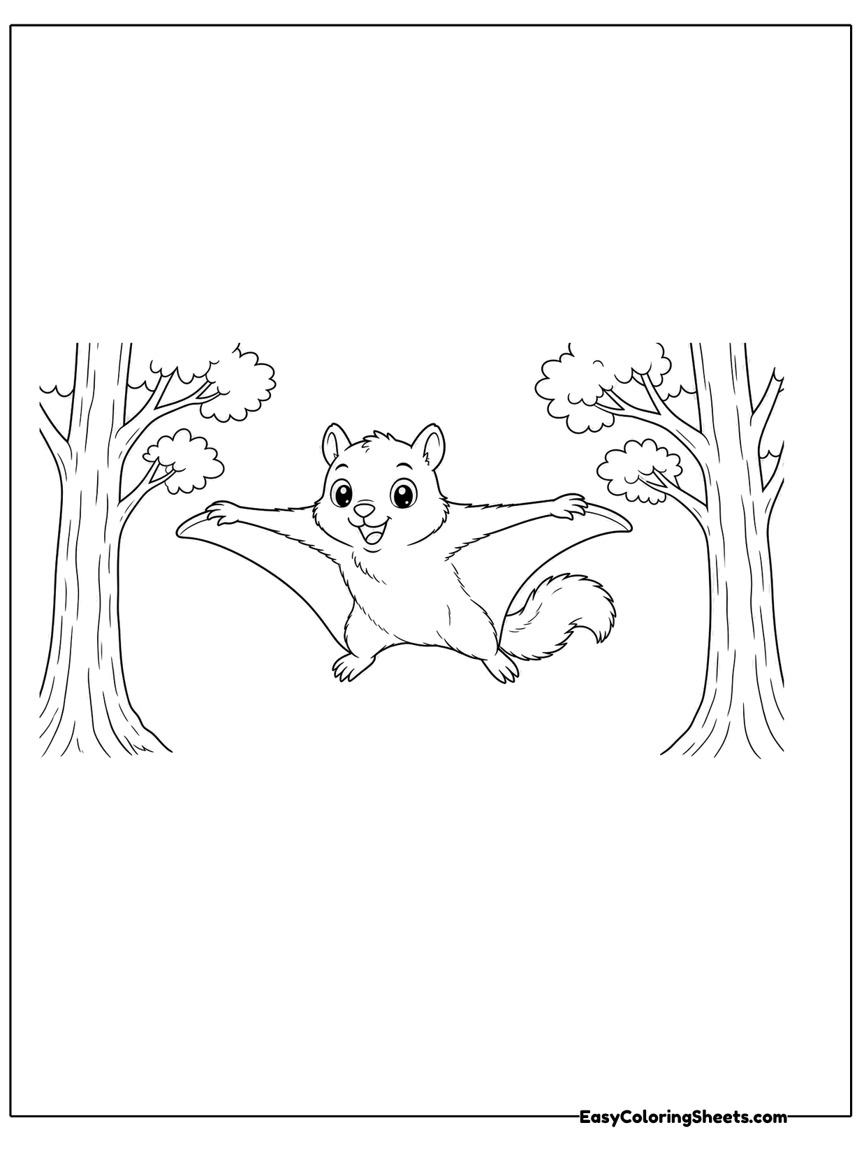 A flying squirrel spreads its arms and legs wide, stretching its gliding skin as it soars between two trees.