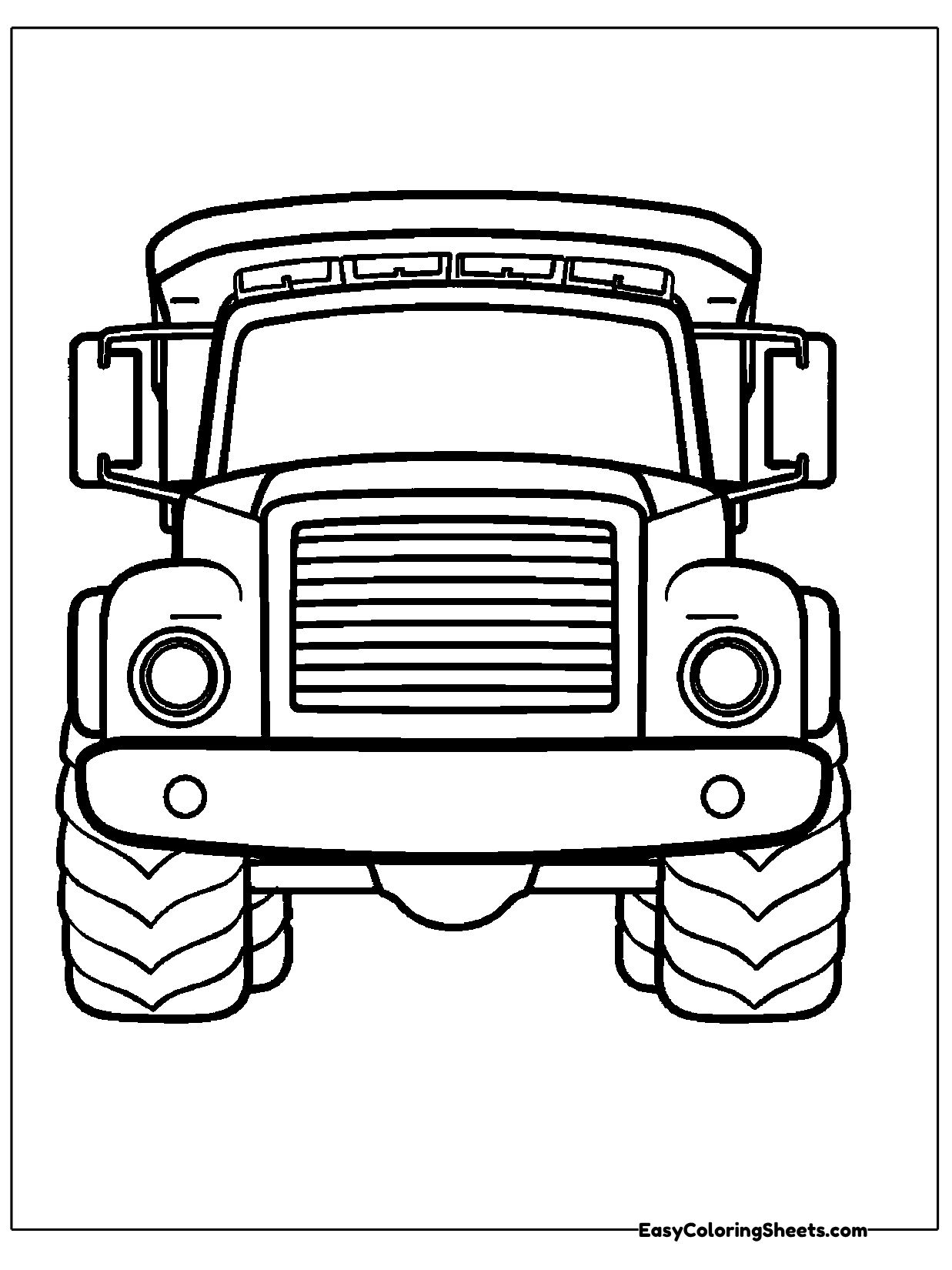 A dump truck faces forward with a wide grille, round headlights, a heavy bumper and thick treaded tires.