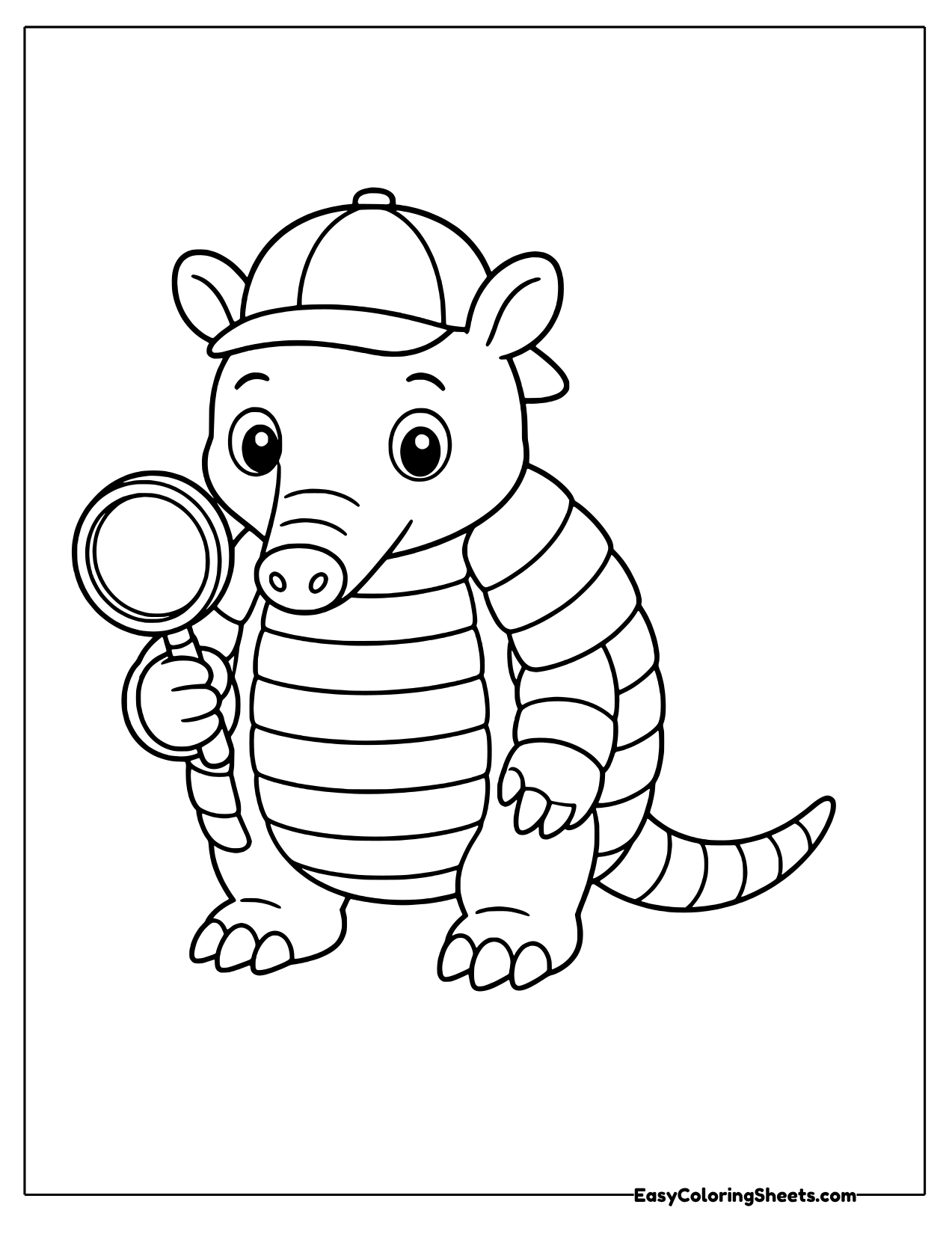 Armadillo detective in a cap holding up a magnifying glass