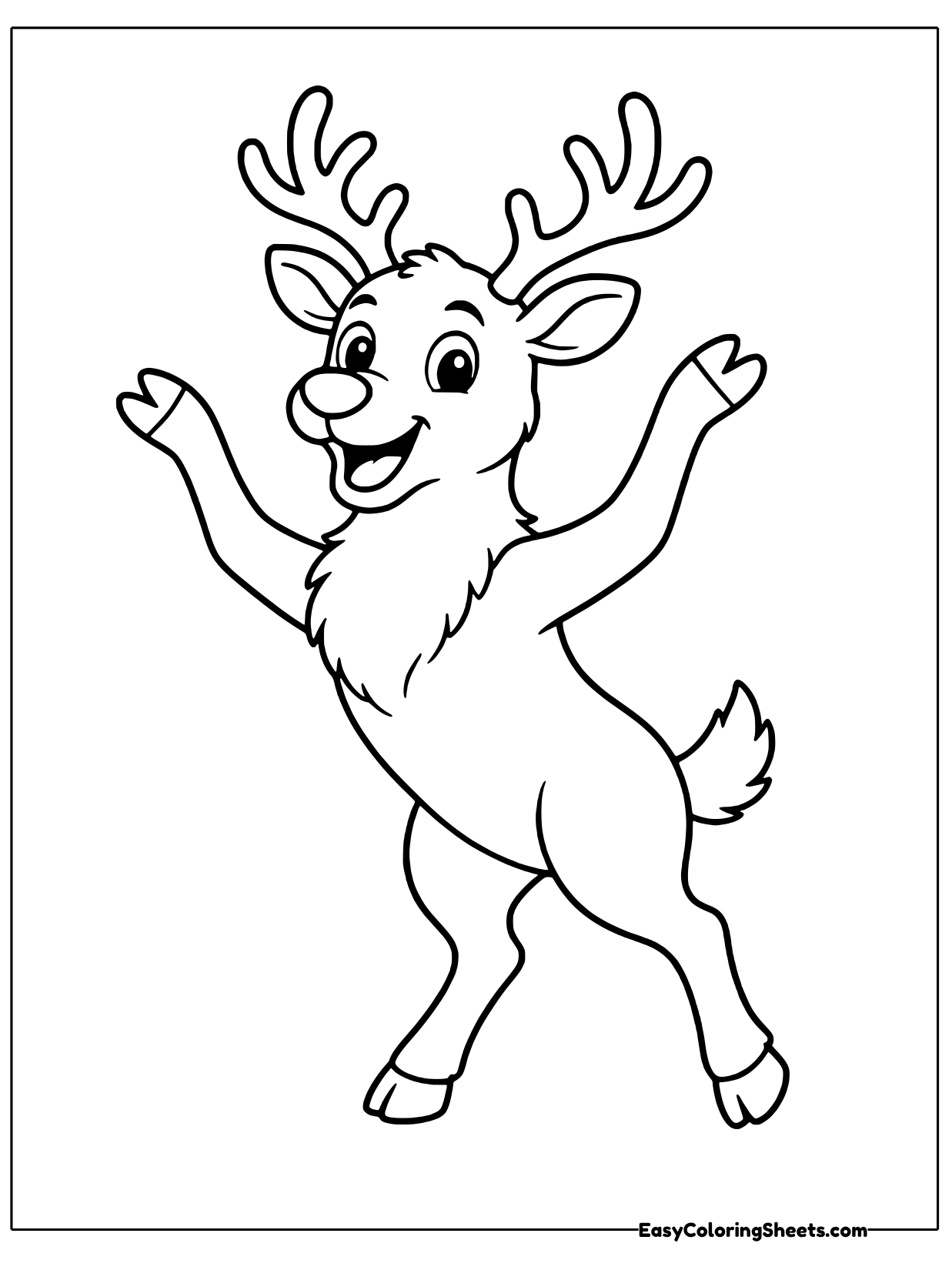 A playful reindeer rears up on its back legs with its front hooves lifted and a huge grin.