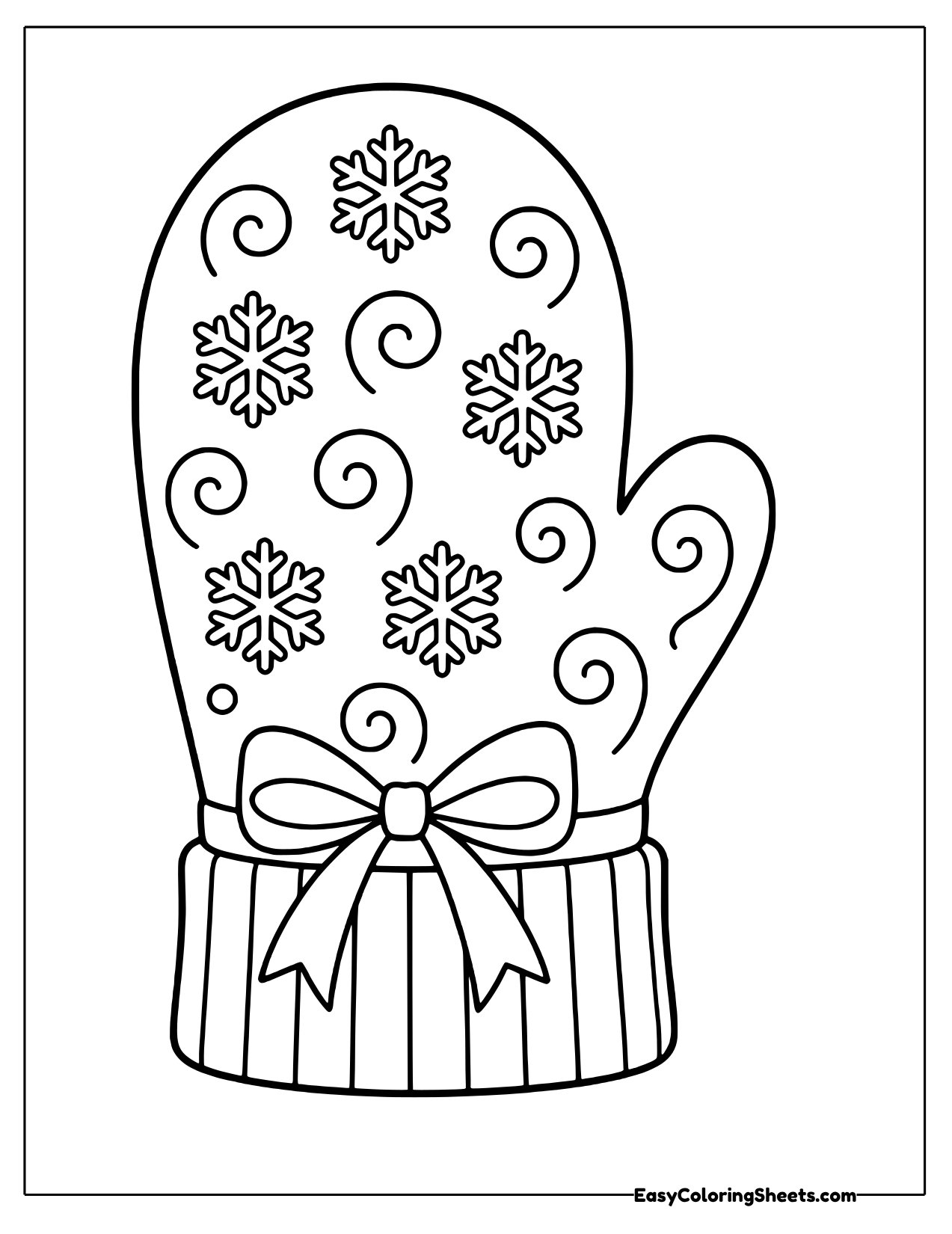 Mitten with snowflakes, swirls and a bow
